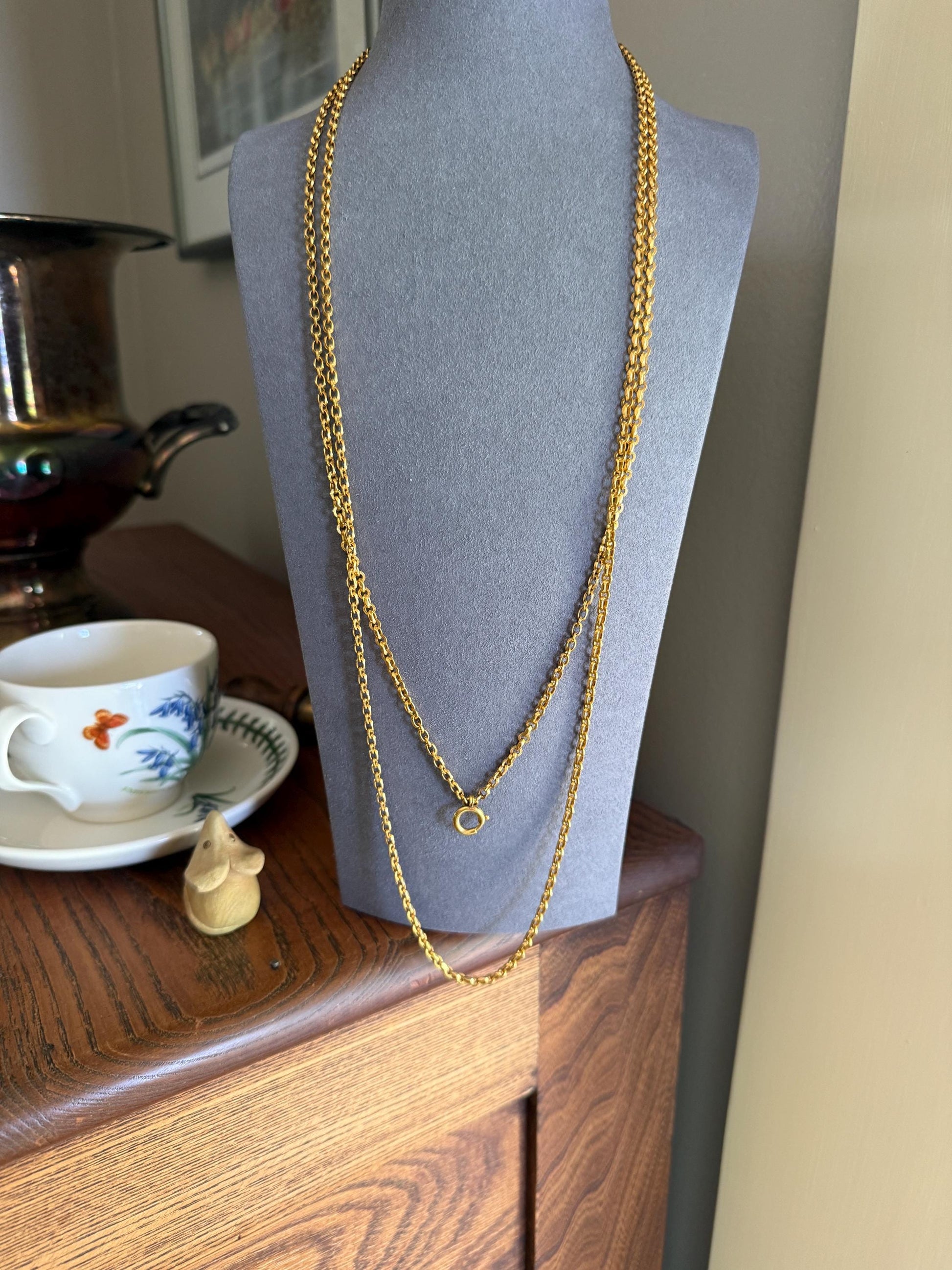 French VICTORIAN Era 17g 18k Gold Solid X- Long Guard Alternating Ribbed Link Muff Body Double Chain Necklace Pendant Holder Bracelet