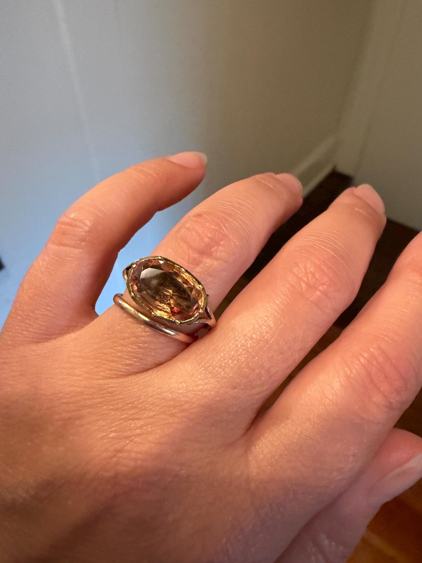 IMPERIAL TOPAZ Georgian Era French Old Cut Peach East West Collet Set Oval Antique Ring Domed Back Perfect Stone 18k Gold Foiled