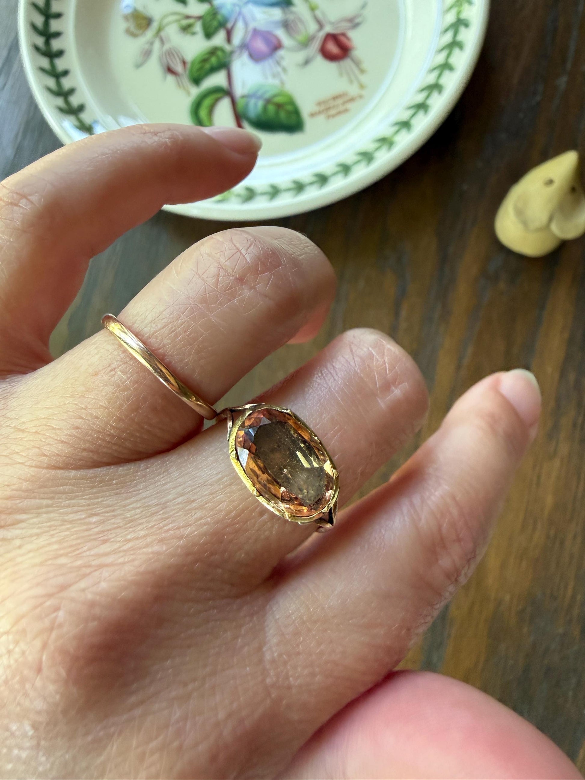 IMPERIAL TOPAZ Georgian Era French Old Cut Peach East West Collet Set Oval Antique Ring Domed Back Perfect Stone 18k Gold Foiled