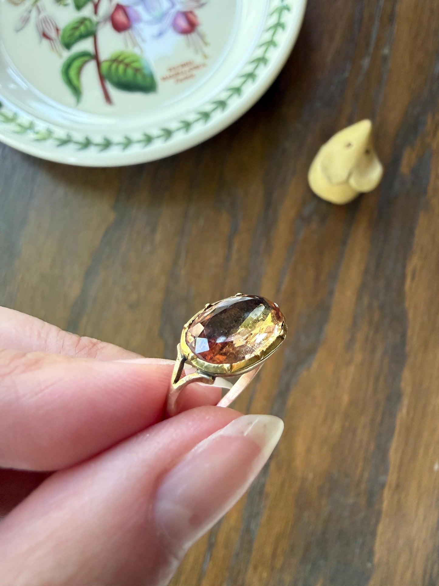 IMPERIAL TOPAZ Georgian Era French Old Cut Peach East West Collet Set Oval Antique Ring Domed Back Perfect Stone 18k Gold Foiled