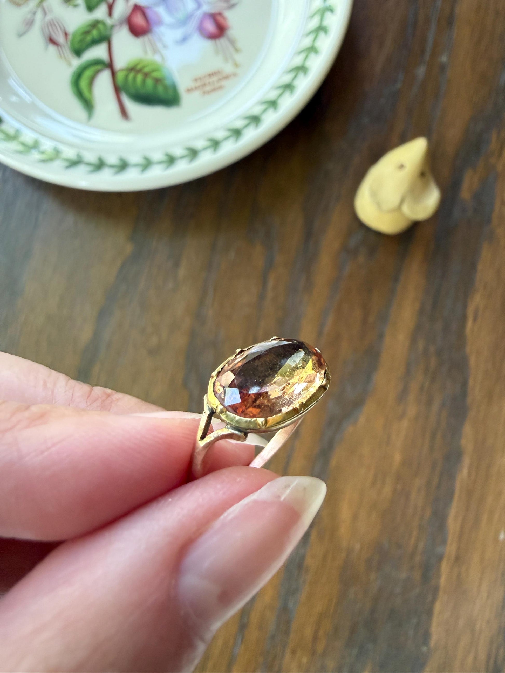 IMPERIAL TOPAZ Georgian Era French Old Cut Peach East West Collet Set Oval Antique Ring Domed Back Perfect Stone 18k Gold Foiled