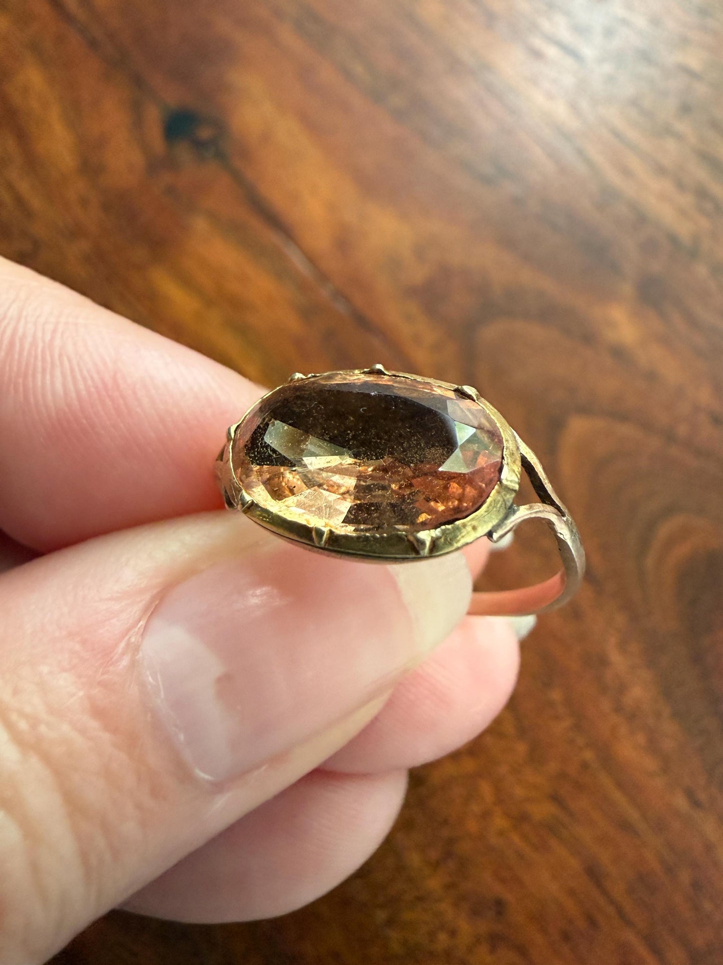 IMPERIAL TOPAZ Georgian Era French Old Cut Peach East West Collet Set Oval Antique Ring Domed Back Perfect Stone 18k Gold Foiled