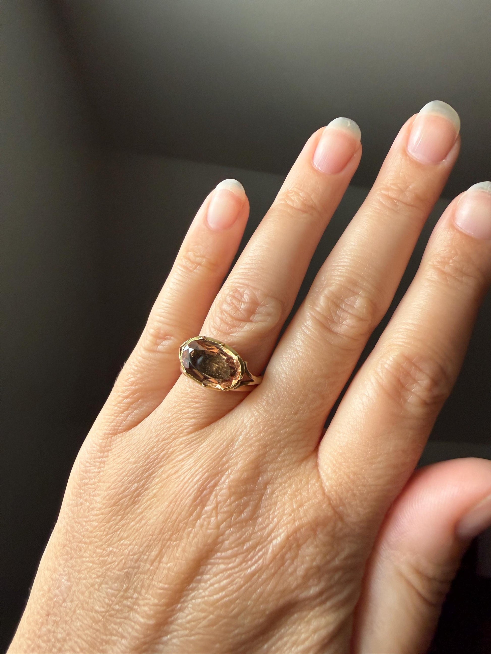 IMPERIAL TOPAZ Georgian Era French Old Cut Peach East West Collet Set Oval Antique Ring Domed Back Perfect Stone 18k Gold Foiled
