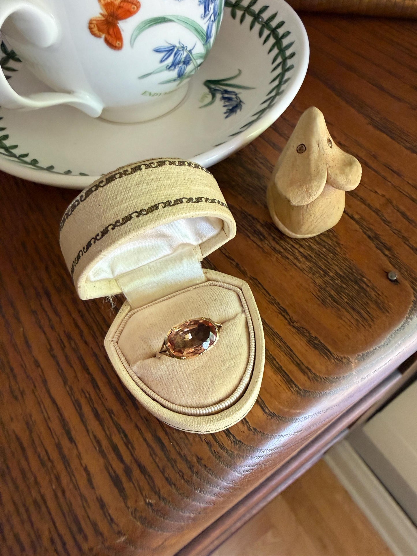 IMPERIAL TOPAZ Georgian Era French Old Cut Peach East West Collet Set Oval Antique Ring Domed Back Perfect Stone 18k Gold Foiled