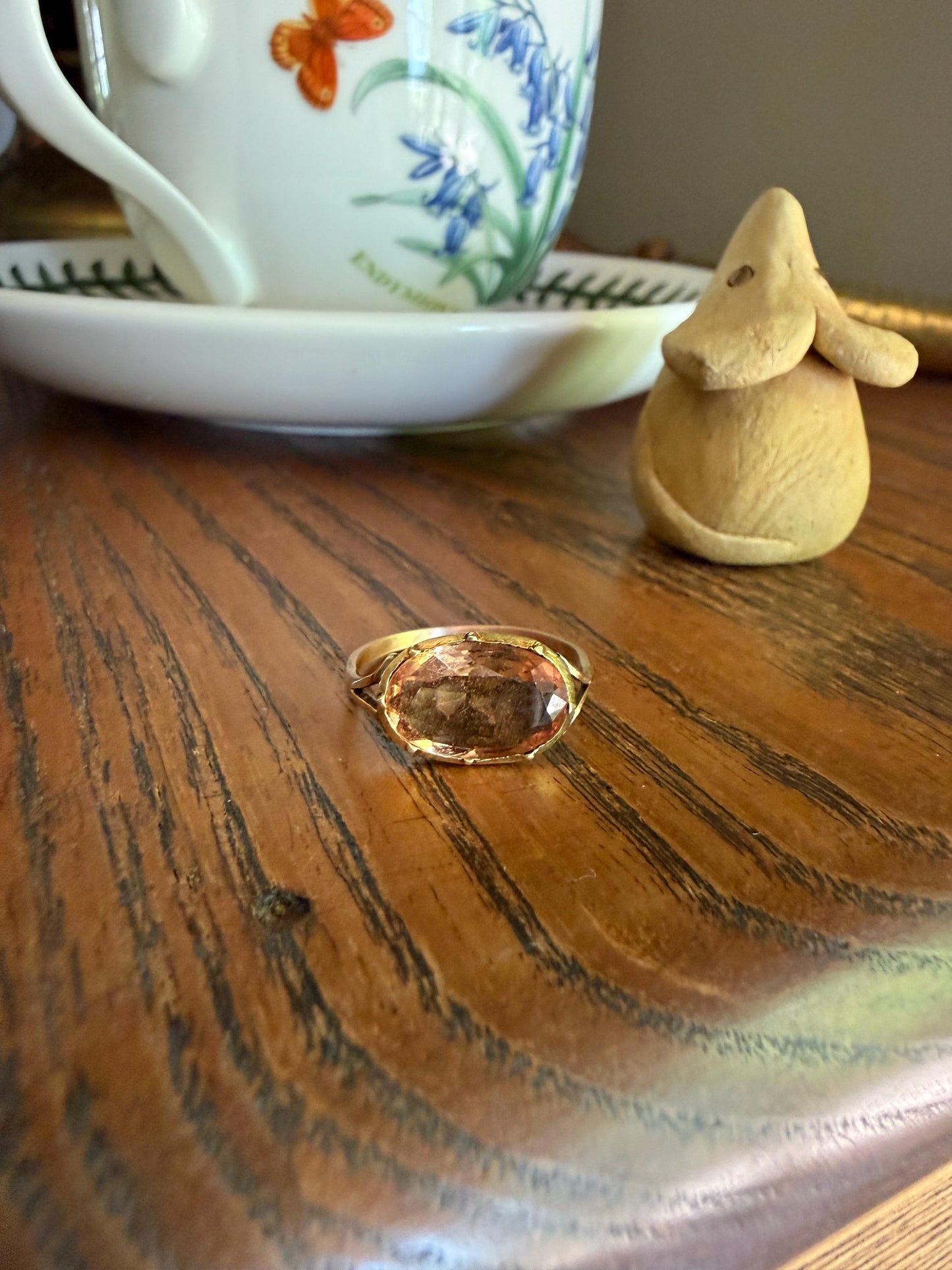 IMPERIAL TOPAZ Georgian Era French Old Cut Peach East West Collet Set Oval Antique Ring Domed Back Perfect Stone 18k Gold Foiled