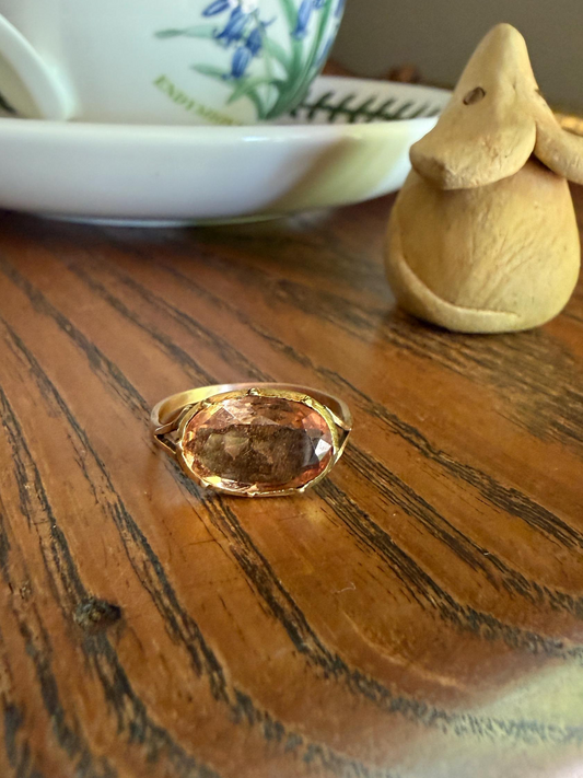IMPERIAL TOPAZ Georgian Era French Old Cut Peach East West Collet Set Oval Antique Ring Domed Back Perfect Stone 18k Gold Foiled