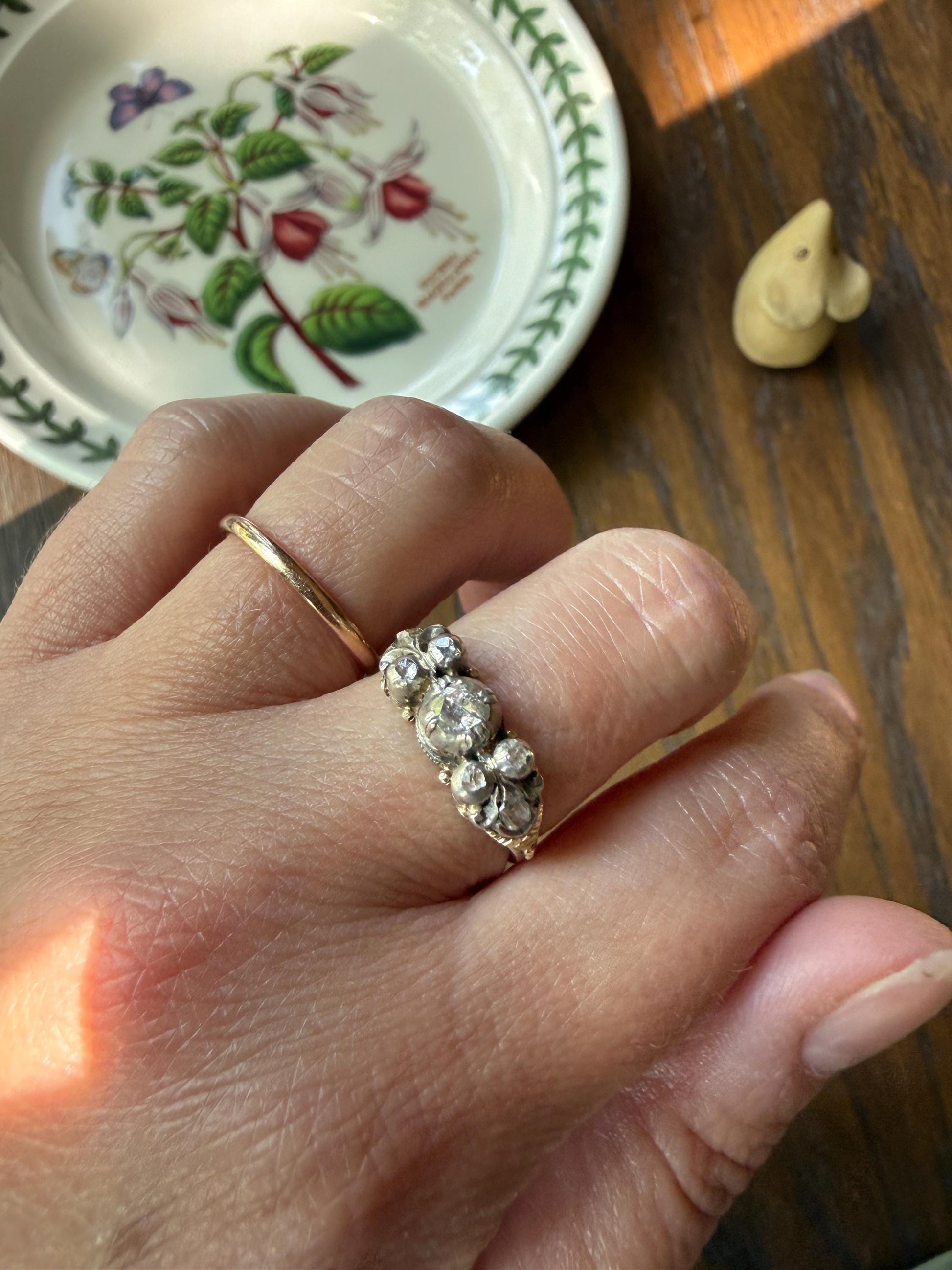 Antique Seven Stone Rose Cut DIAMOND Ring Floral Engraved Ring Butt 18k Gold Silver Collets Georgian Revival Ornate Linear Rivet Detail