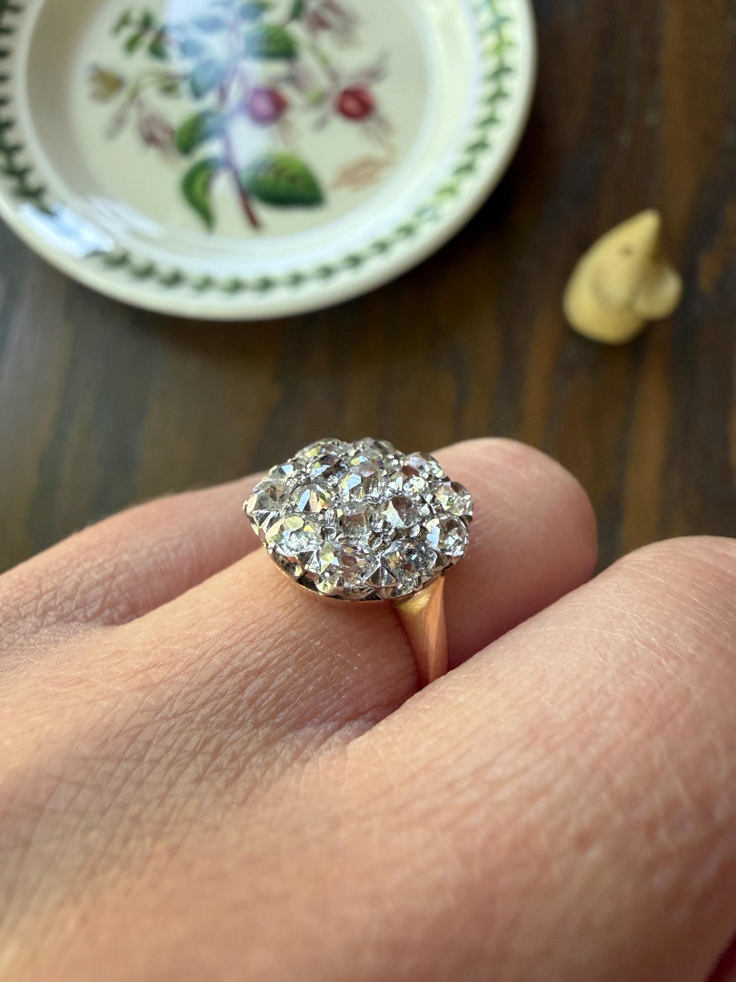 Antique 1.75 Carat Chunky Old Mine Cut DIAMOND Cobblestone Cluster Ring 18k Gold Sparkly Texture Circular