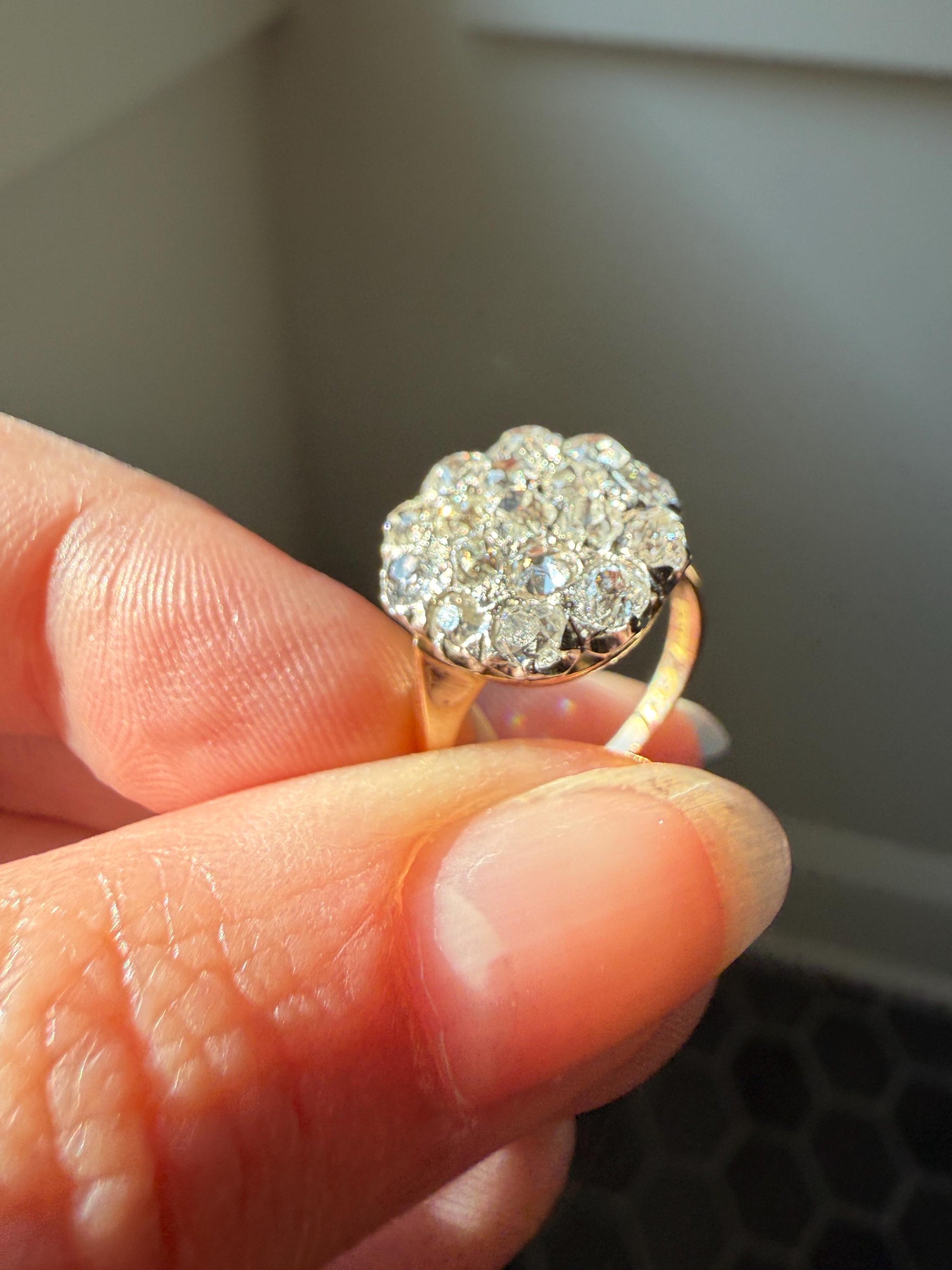Antique 1.75 Carat Chunky Old Mine Cut DIAMOND Cobblestone Cluster Ring 18k Gold Sparkly Texture Circular
