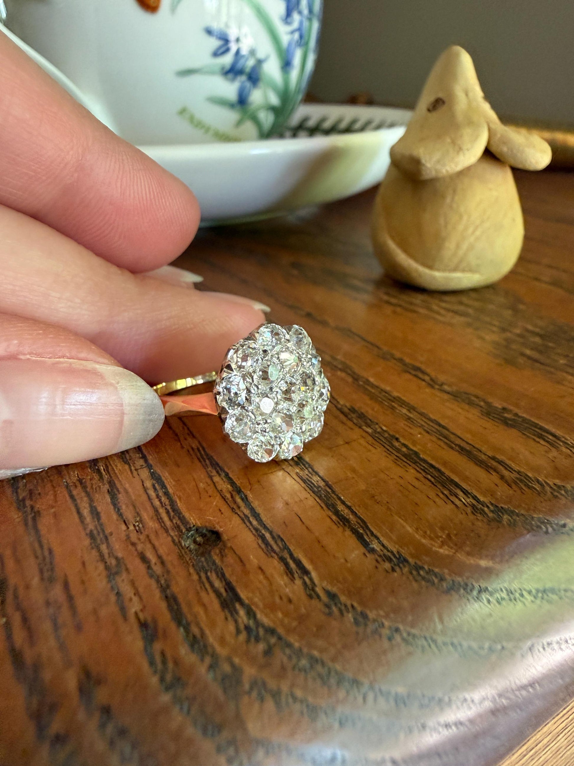Antique 1.75 Carat Chunky Old Mine Cut DIAMOND Cobblestone Cluster Ring 18k Gold Sparkly Texture Circular