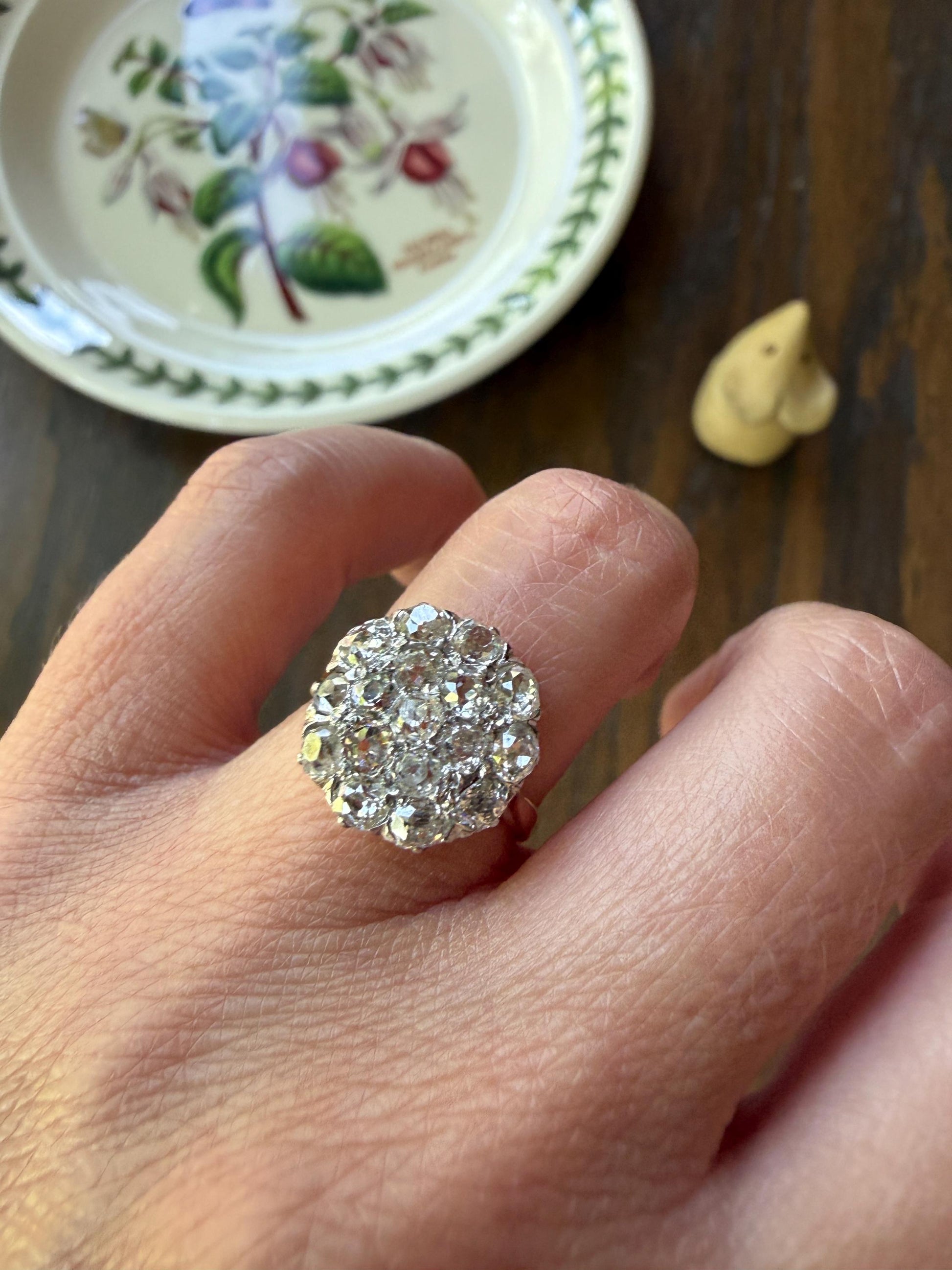 Antique 1.75 Carat Chunky Old Mine Cut DIAMOND Cobblestone Cluster Ring 18k Gold Sparkly Texture Circular
