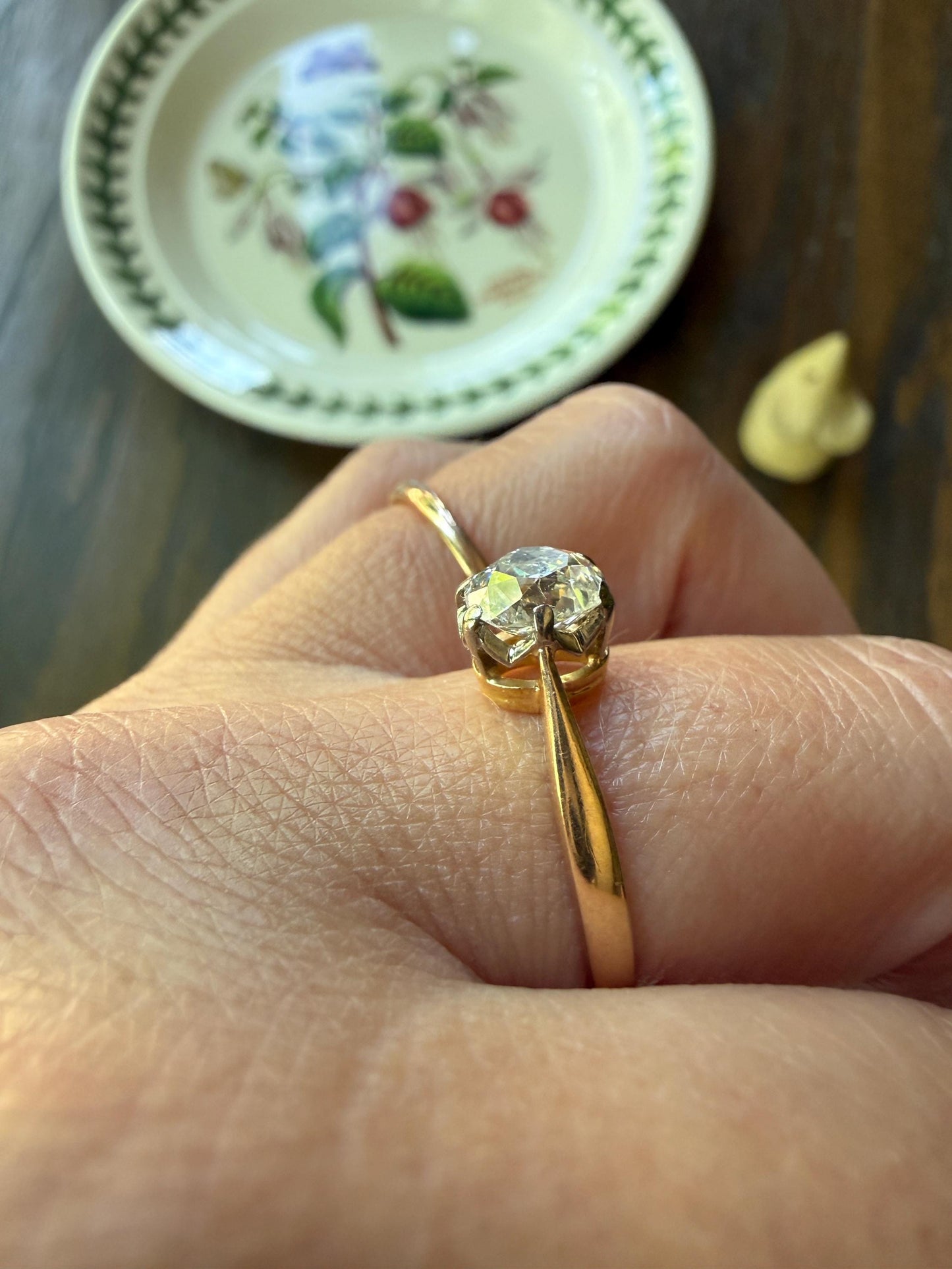 Antique 1.2 CARAT Natural Old Mine Cushion Elongated DIAMOND Solitaire Engagement Ring 18k Gold Solid Yellow Prong