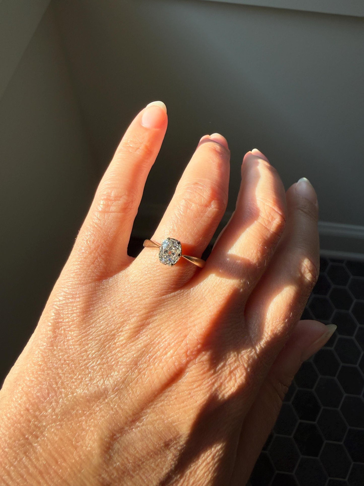 Antique 1.2 CARAT Natural Old Mine Cushion Elongated DIAMOND Solitaire Engagement Ring 18k Gold Solid Yellow Prong