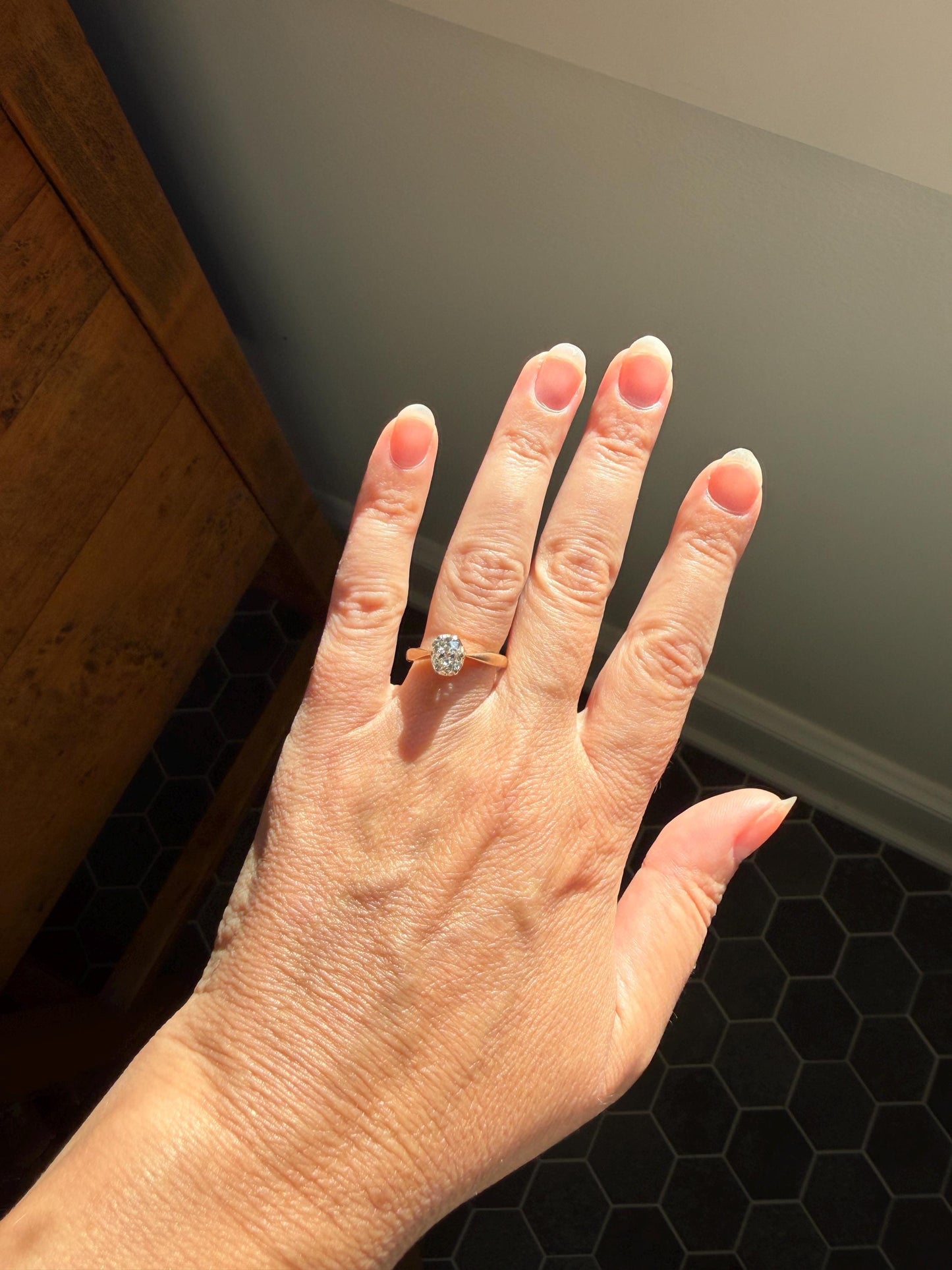 Antique 1.2 CARAT Natural Old Mine Cushion Elongated DIAMOND Solitaire Engagement Ring 18k Gold Solid Yellow Prong