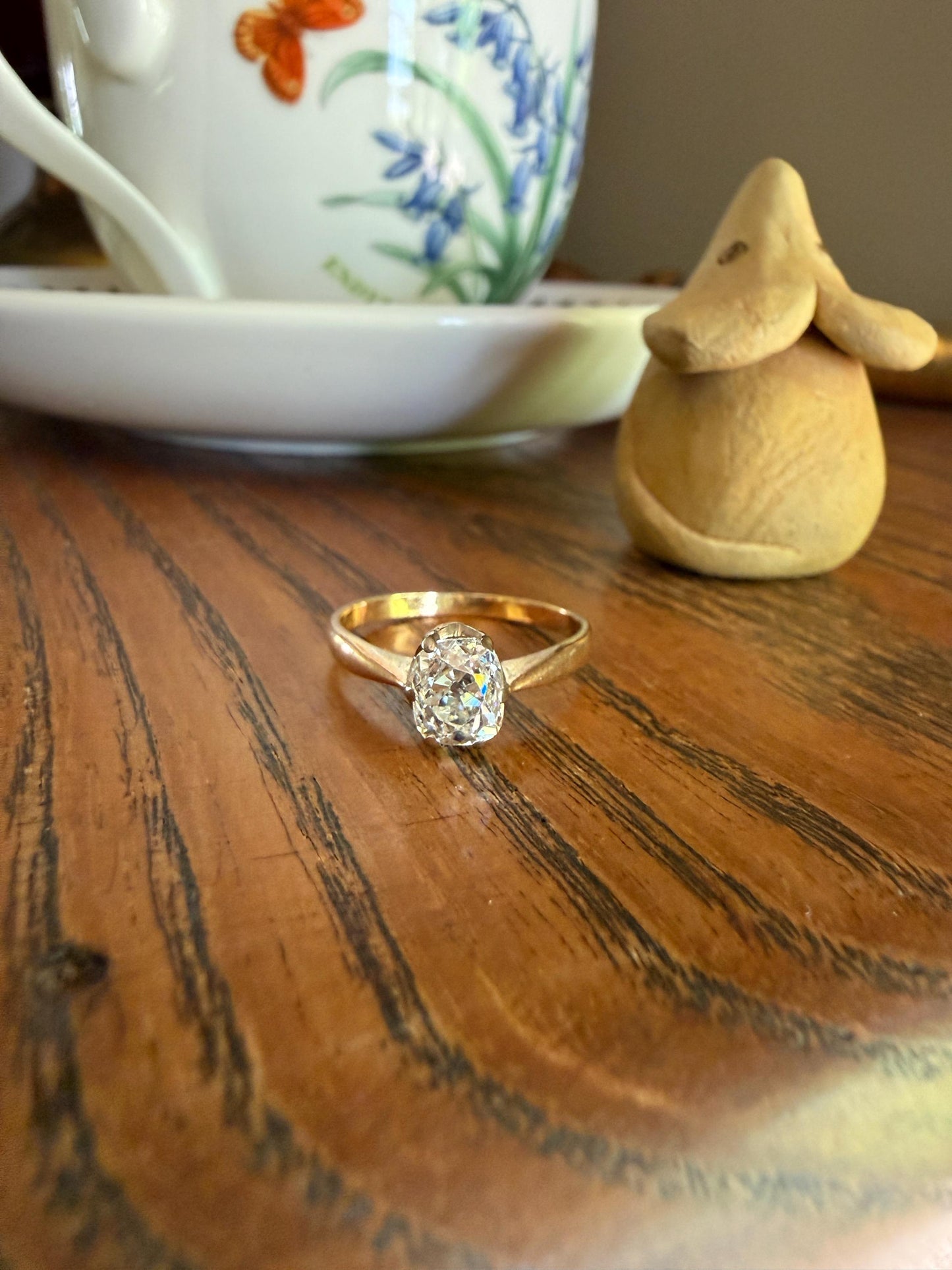 Antique 1.2 CARAT Natural Old Mine Cushion Elongated DIAMOND Solitaire Engagement Ring 18k Gold Solid Yellow Prong
