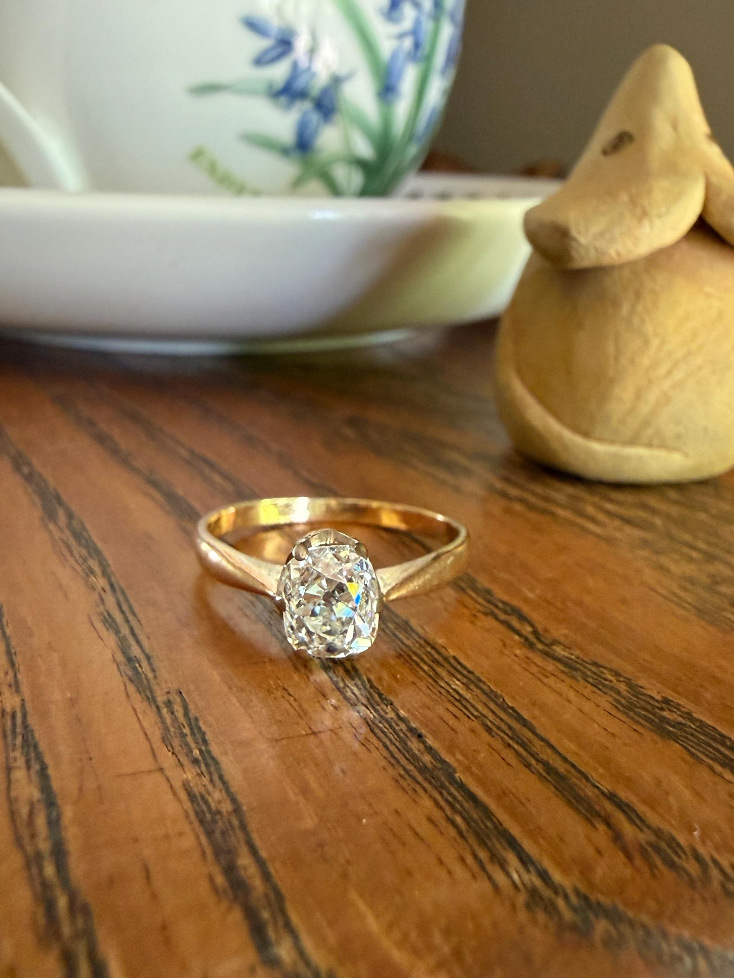 Antique 1.2 CARAT Natural Old Mine Cushion Elongated DIAMOND Solitaire Engagement Ring 18k Gold Solid Yellow Prong