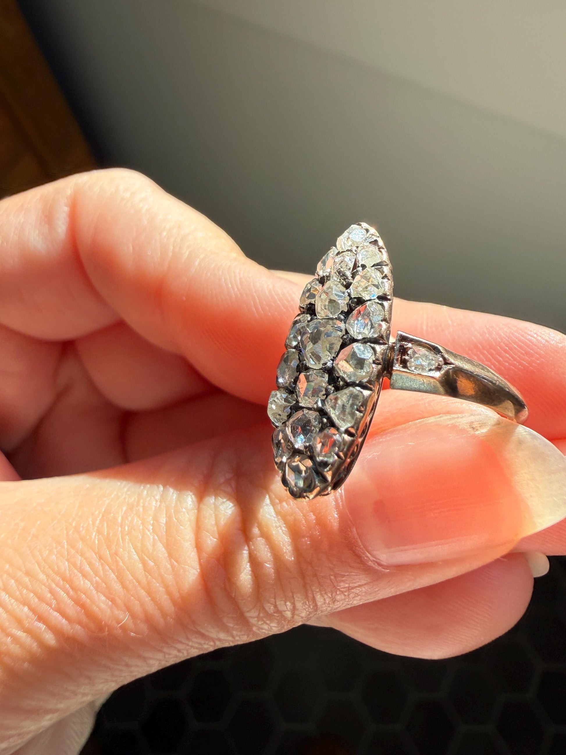 Rose Cut DIAMOND Natural Cluster Navette French Antique 18k Gold Silver Chunky Pear Disco Ball Cobblestone 1.6 Carat Face Up Victorian