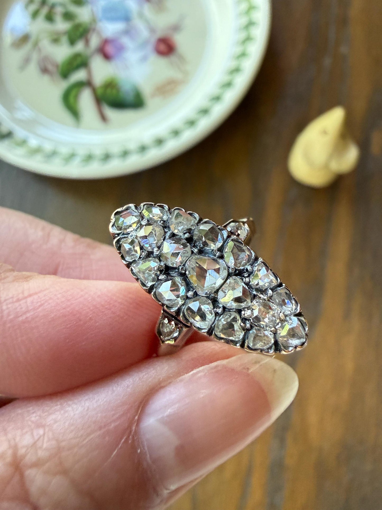 Rose Cut DIAMOND Natural Cluster Navette French Antique 18k Gold Silver Chunky Pear Disco Ball Cobblestone 1.6 Carat Face Up Victorian
