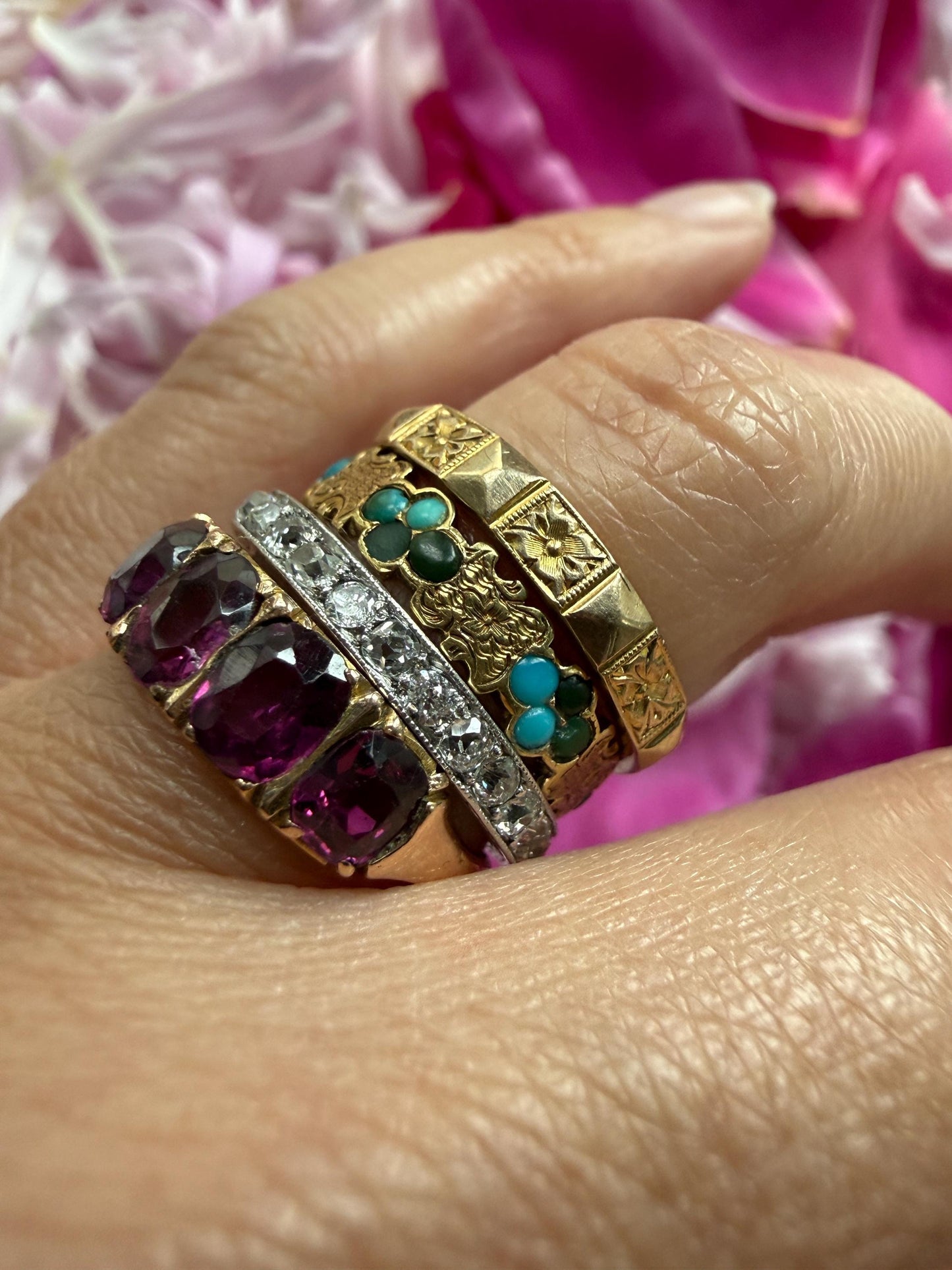 Victorian TURQUOISE Floral Shield Engraved 18k Gold Solid Wedding Band Forget Me Not Orange Blossom Swirl Panels Blue Green