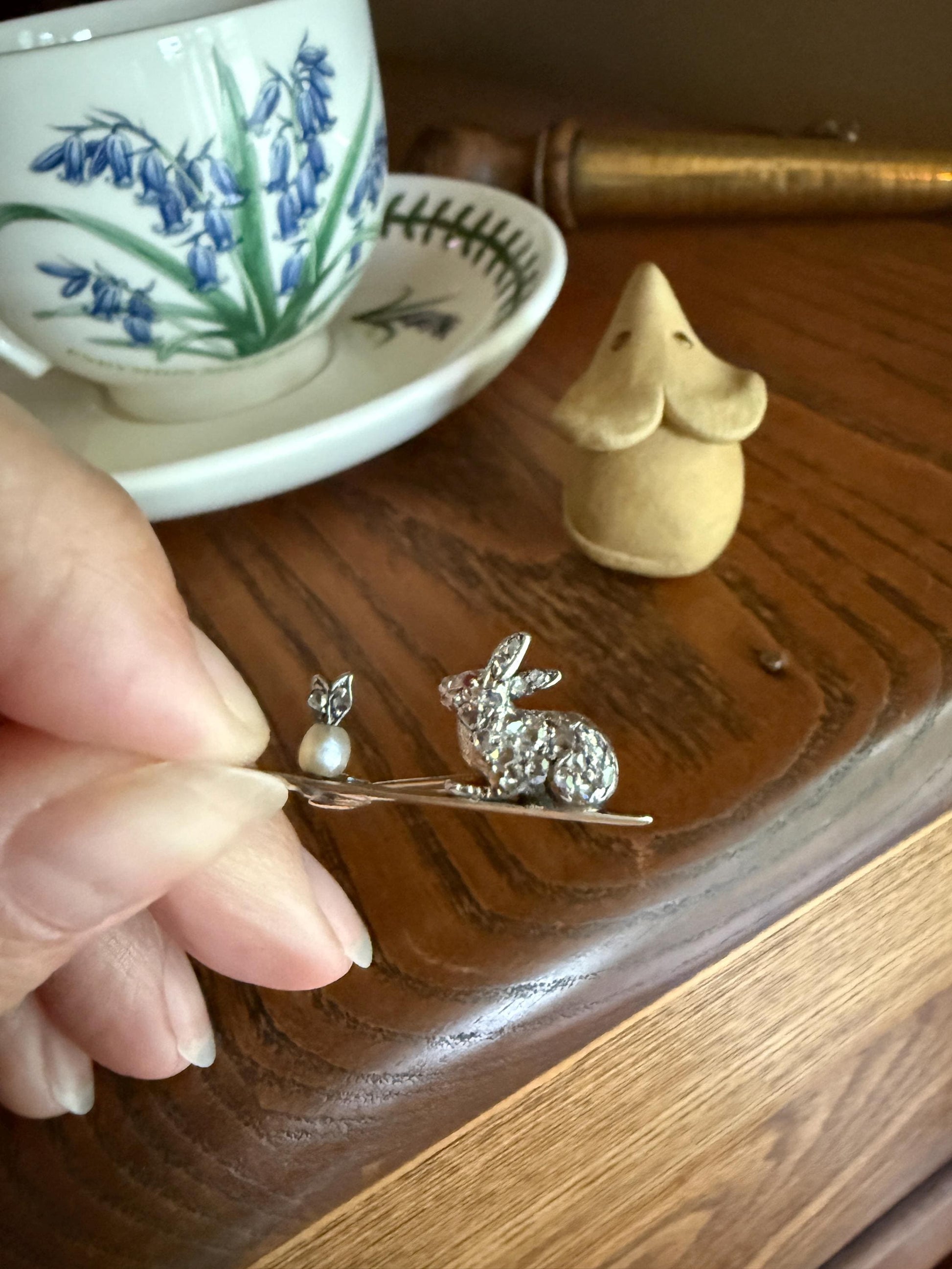 The Little Bun Bun BUNNY w/ Baby? Rose Cut Diamond Encrusted ANTIQUE Figural Rabbit Brooch 14k 18k Silver Extender Connector Pendant