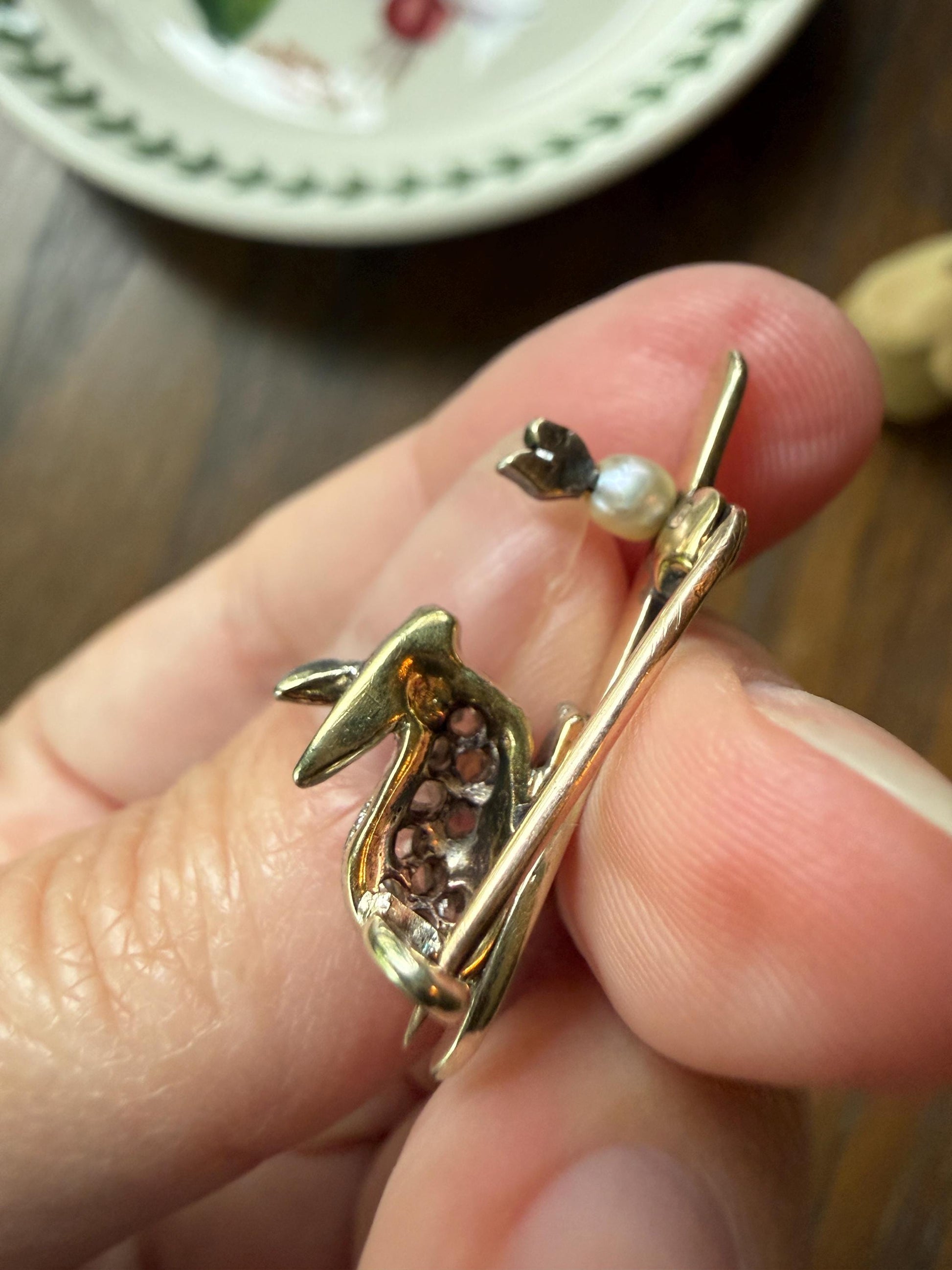The Little Bun Bun BUNNY w/ Baby? Rose Cut Diamond Encrusted ANTIQUE Figural Rabbit Brooch 14k 18k Silver Extender Connector Pendant