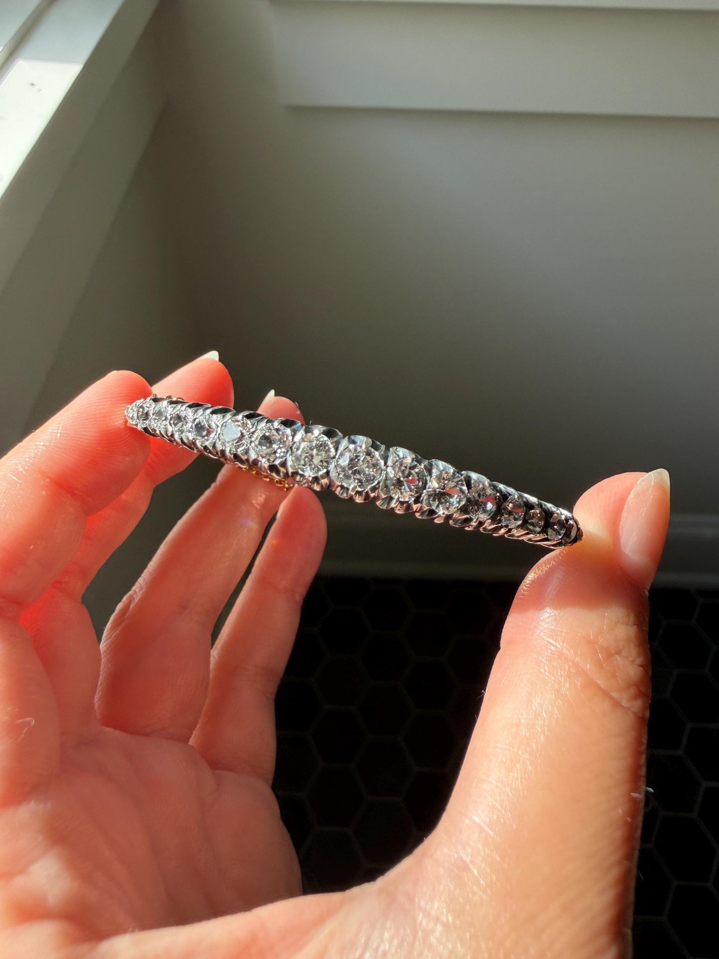 French Antique 4.2 Carats 18k Gold Clear White Topaz Gemset Hinged Bangle Line Bracelet Wriststack