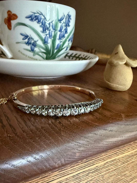 French Antique 4.2 Carats 18k Gold Clear White Topaz Gemset Hinged Bangle Line Bracelet Wriststack