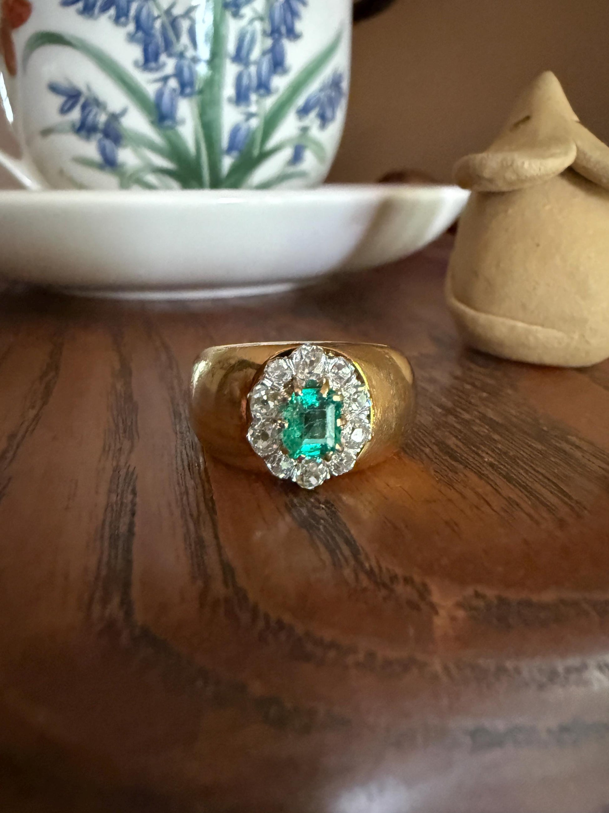 HEAVY Antique French 11.3g 18k Gold Wide Band Natural Emerald .75 Carat Old Mine Cut Diamond Halo Cluster