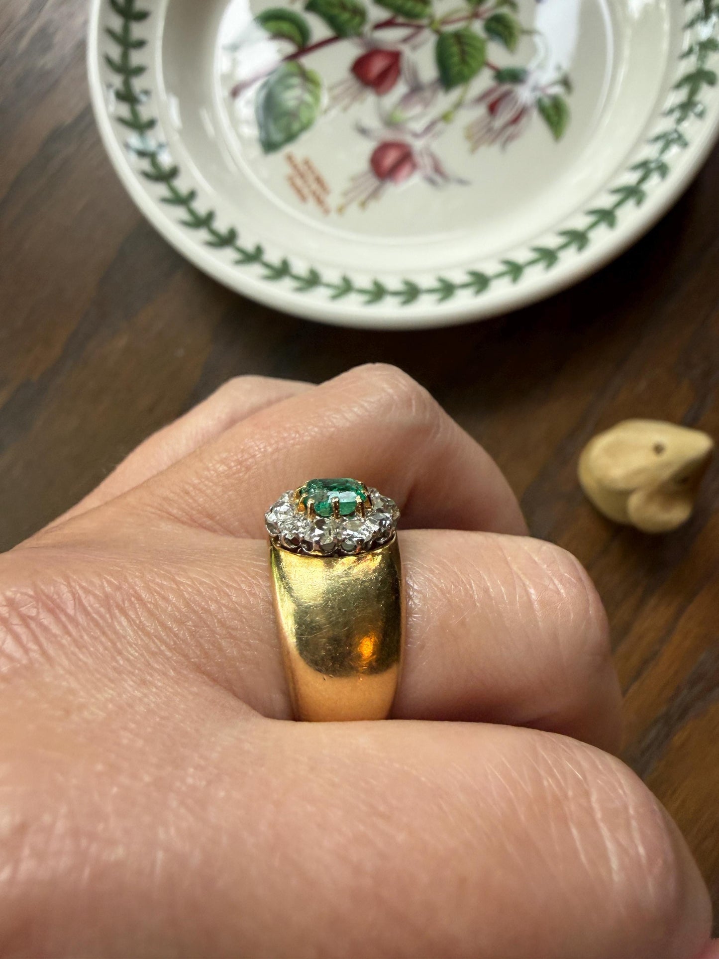 HEAVY Antique French 11.3g 18k Gold Wide Band Natural Emerald .75 Carat Old Mine Cut Diamond Halo Cluster