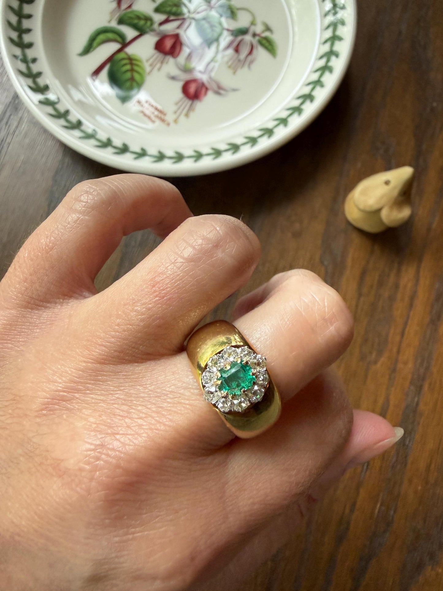 HEAVY Antique French 11.3g 18k Gold Wide Band Natural Emerald .75 Carat Old Mine Cut Diamond Halo Cluster
