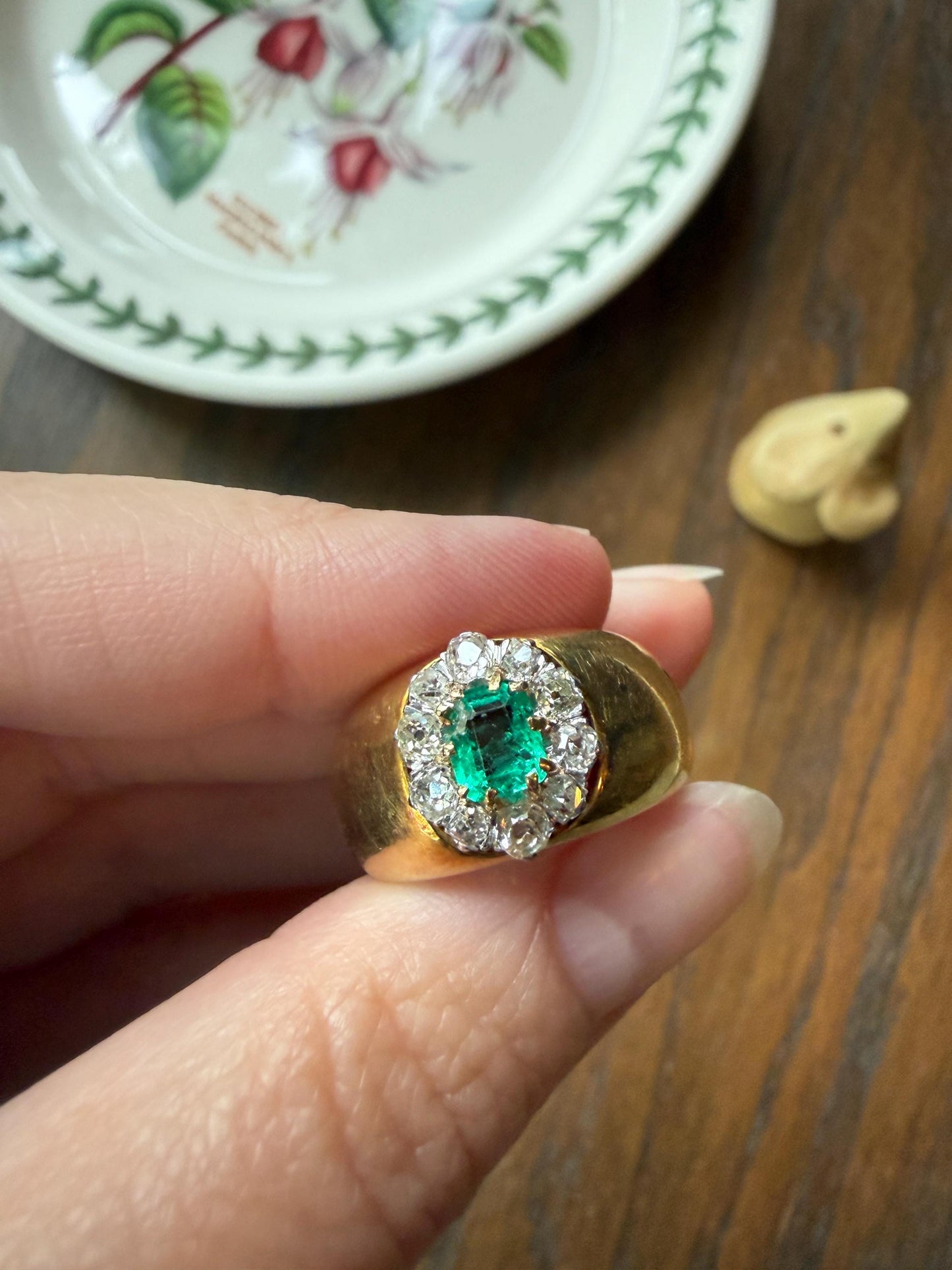 HEAVY Antique French 11.3g 18k Gold Wide Band Natural Emerald .75 Carat Old Mine Cut Diamond Halo Cluster
