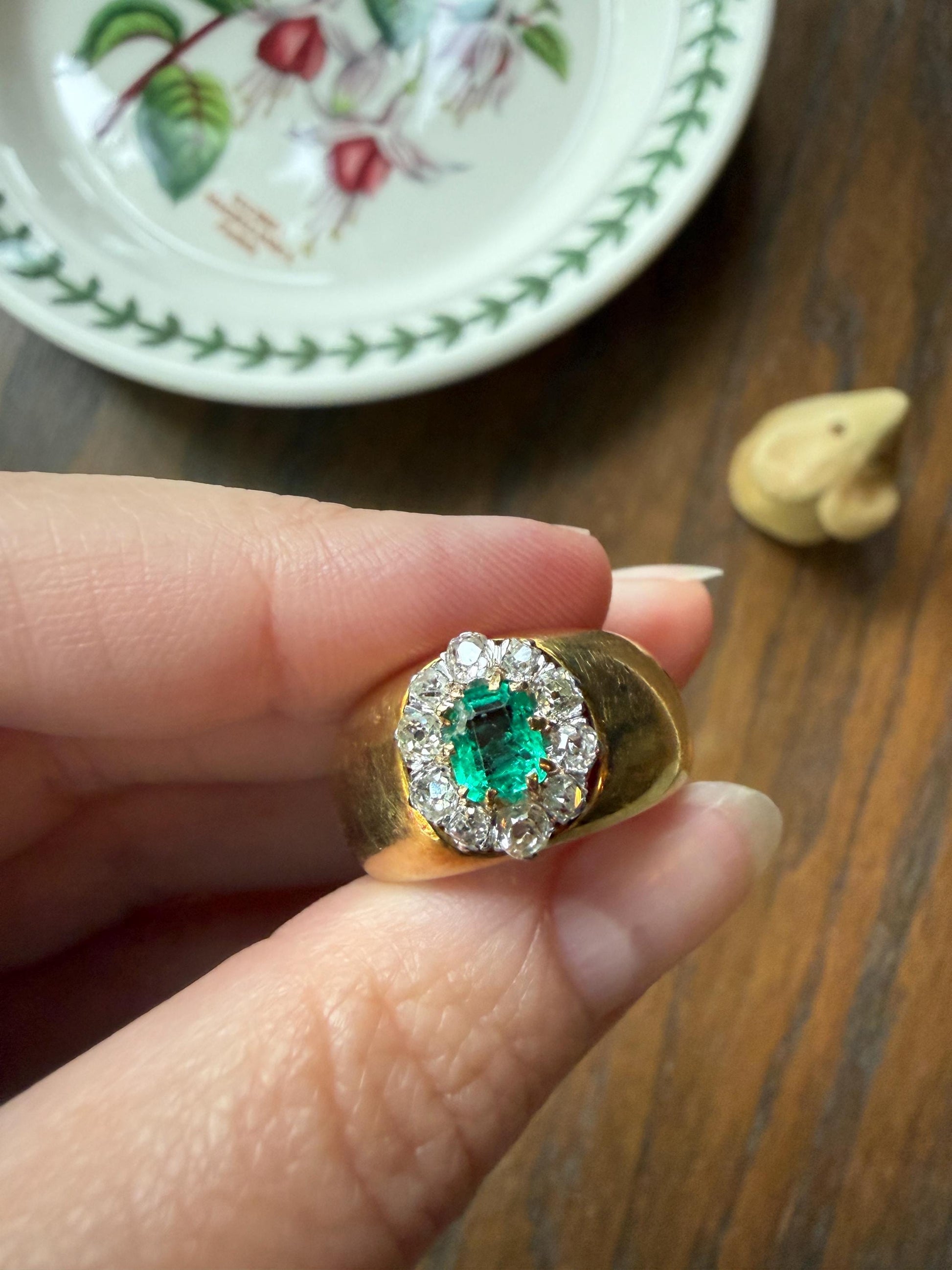 HEAVY Antique French 11.3g 18k Gold Wide Band Natural Emerald .75 Carat Old Mine Cut Diamond Halo Cluster
