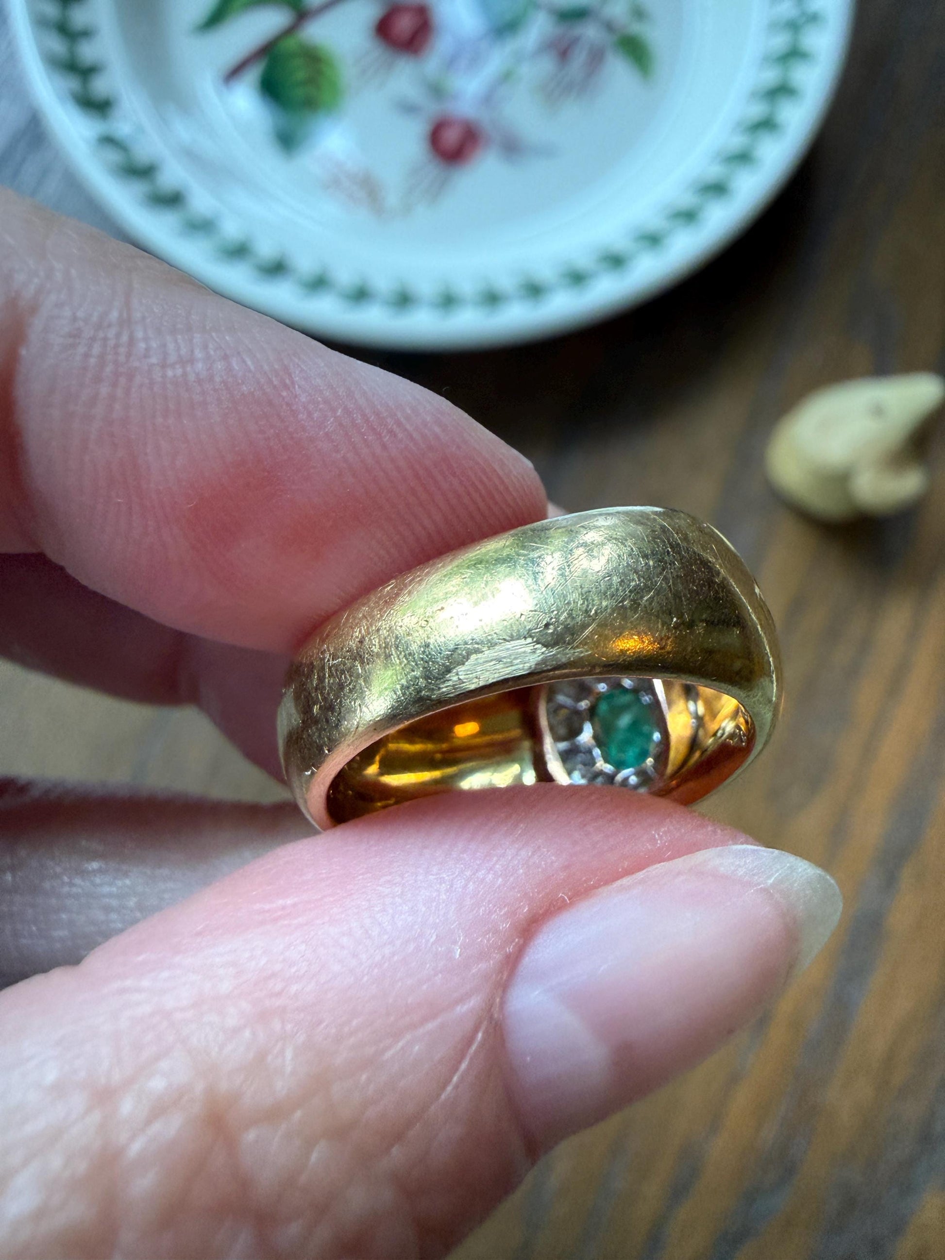 HEAVY Antique French 11.3g 18k Gold Wide Band Natural Emerald .75 Carat Old Mine Cut Diamond Halo Cluster