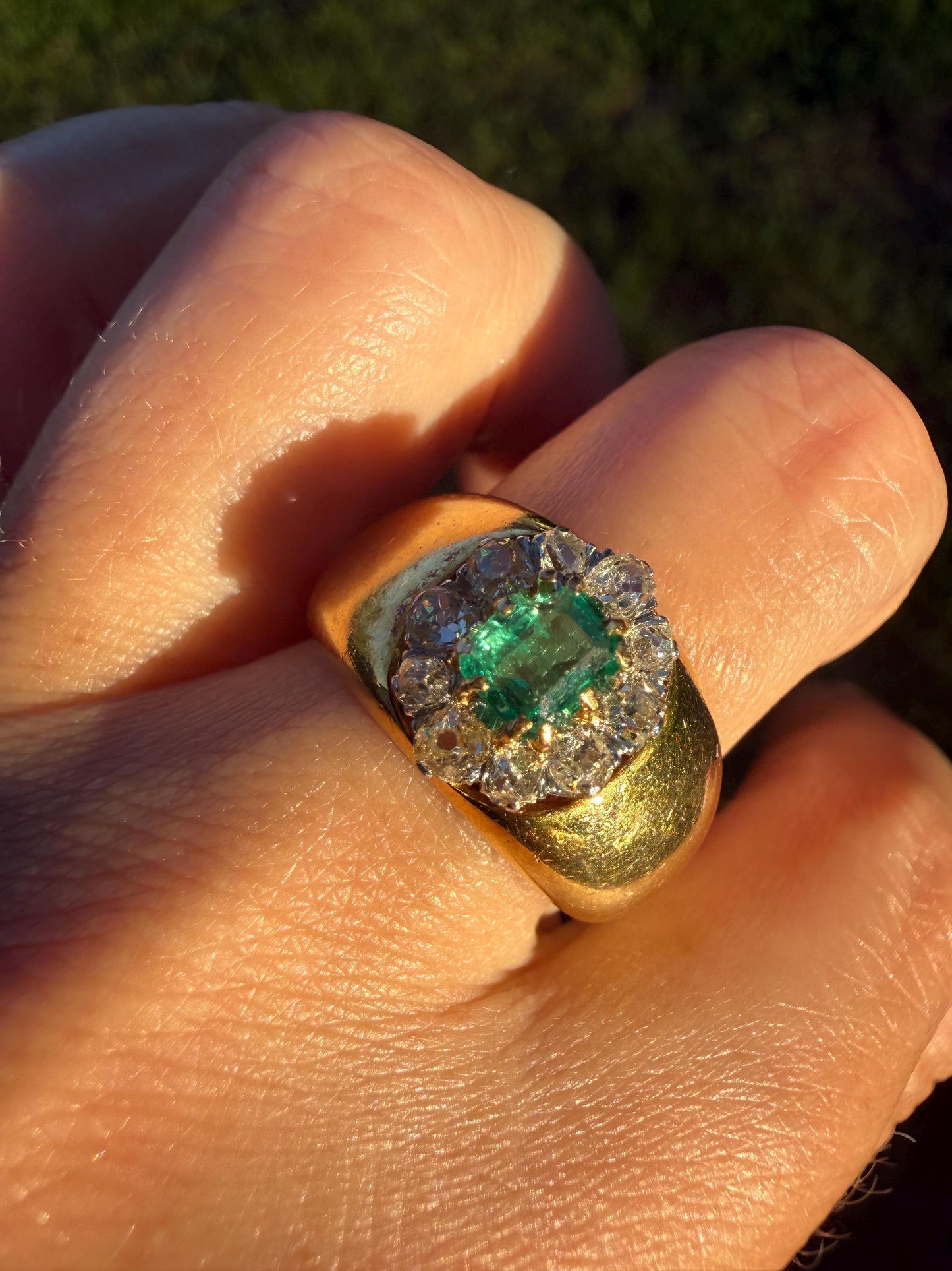 HEAVY Antique French 11.3g 18k Gold Wide Band Natural Emerald .75 Carat Old Mine Cut Diamond Halo Cluster