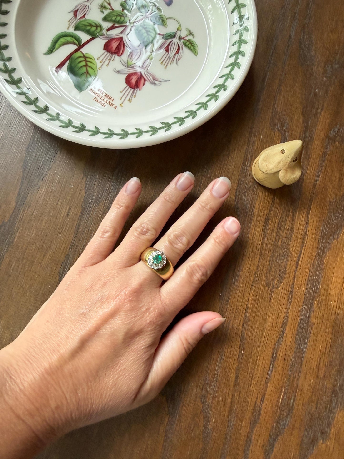 HEAVY Antique French 11.3g 18k Gold Wide Band Natural Emerald .75 Carat Old Mine Cut Diamond Halo Cluster