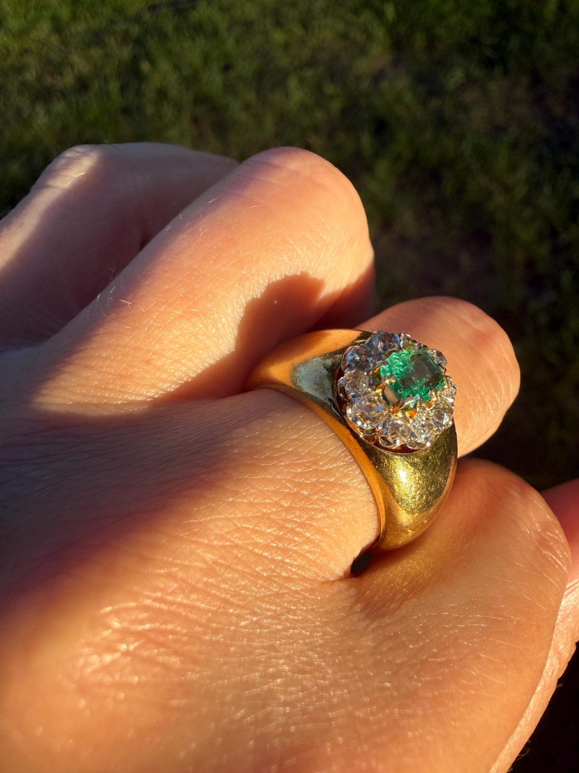HEAVY Antique French 11.3g 18k Gold Wide Band Natural Emerald .75 Carat Old Mine Cut Diamond Halo Cluster