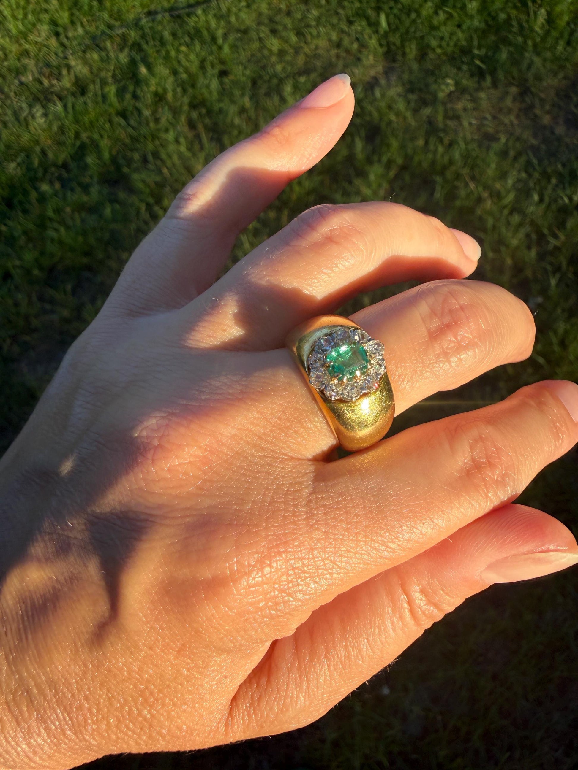 HEAVY Antique French 11.3g 18k Gold Wide Band Natural Emerald .75 Carat Old Mine Cut Diamond Halo Cluster