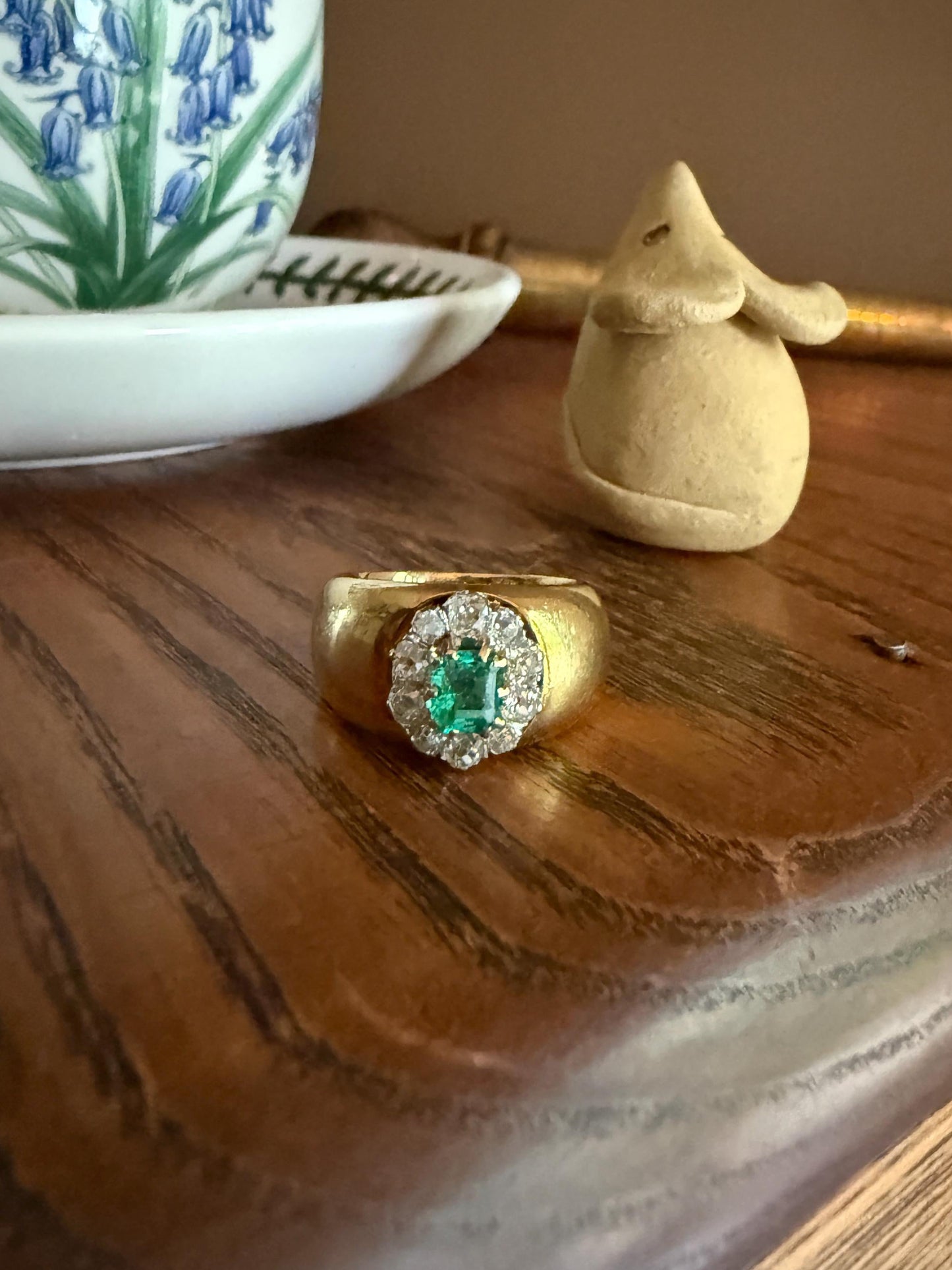 HEAVY Antique French 11.3g 18k Gold Wide Band Natural Emerald .75 Carat Old Mine Cut Diamond Halo Cluster