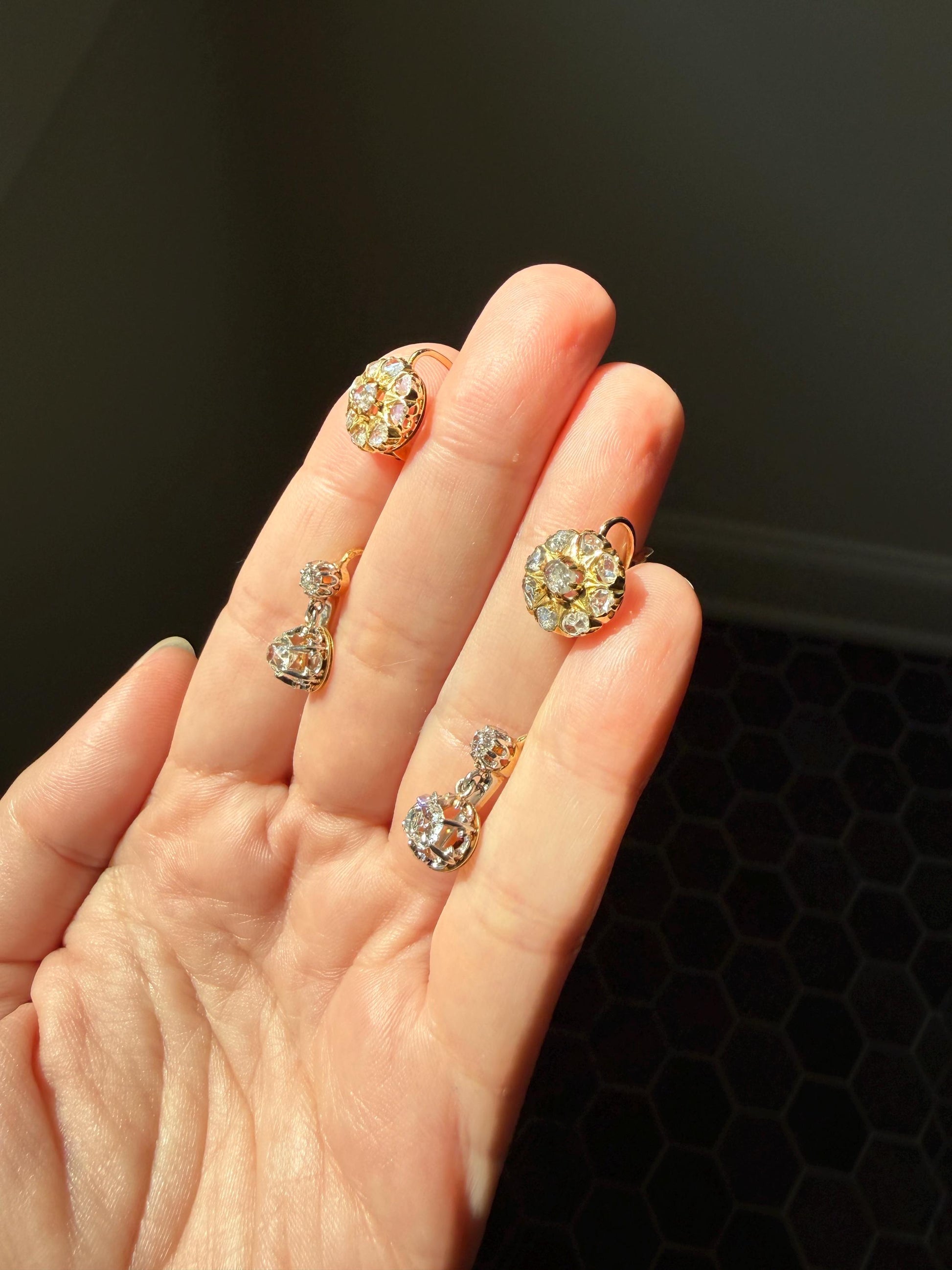 Victorian ANTIQUE Starburst Rose Cut Diamond Daisy Cluster Dormeuse Earrings French 18k Gold Solid Floral Dangle Belle Epoque