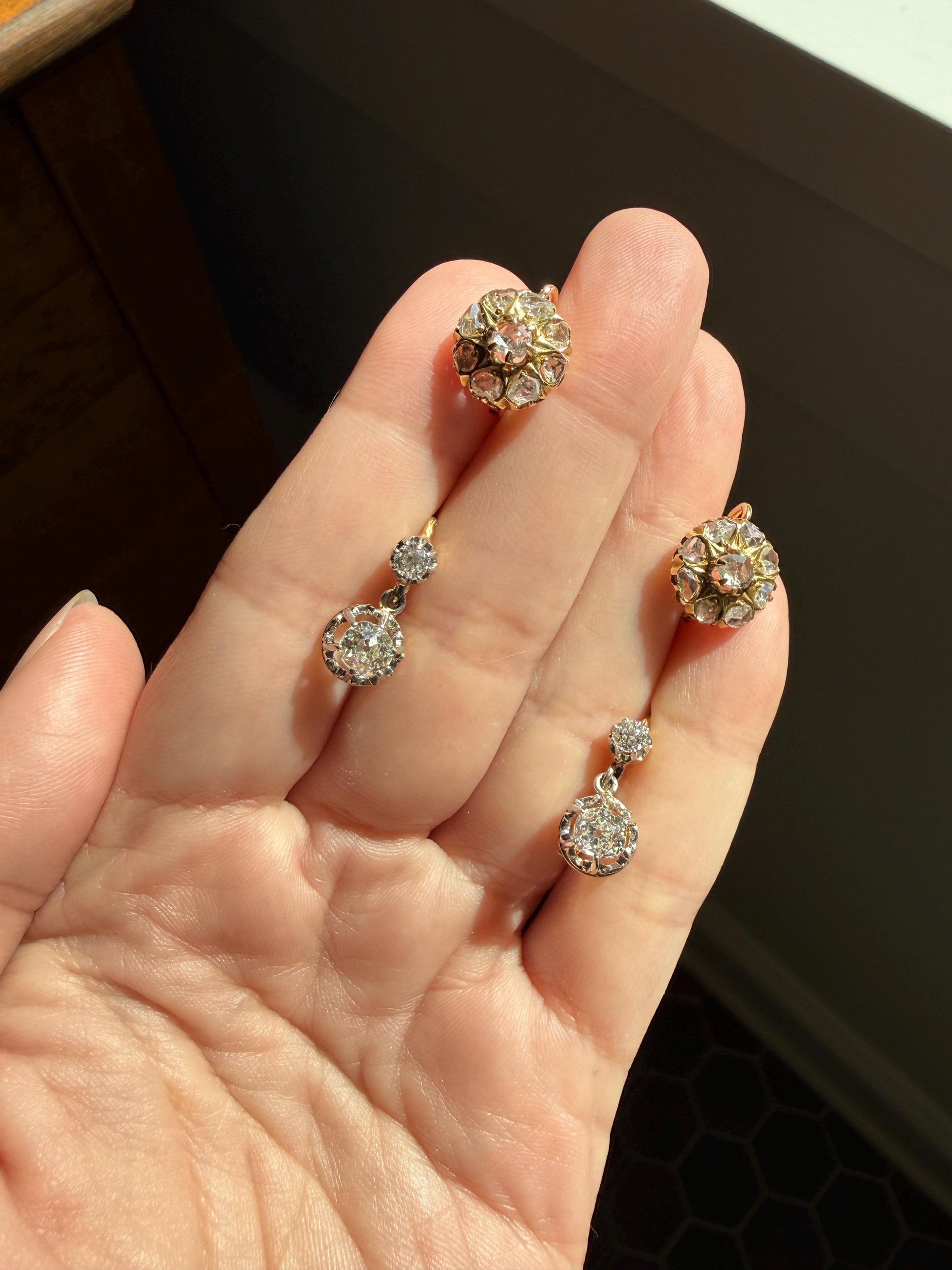 Victorian ANTIQUE Starburst Rose Cut Diamond Daisy Cluster Dormeuse Earrings French 18k Gold Solid Floral Dangle Belle Epoque