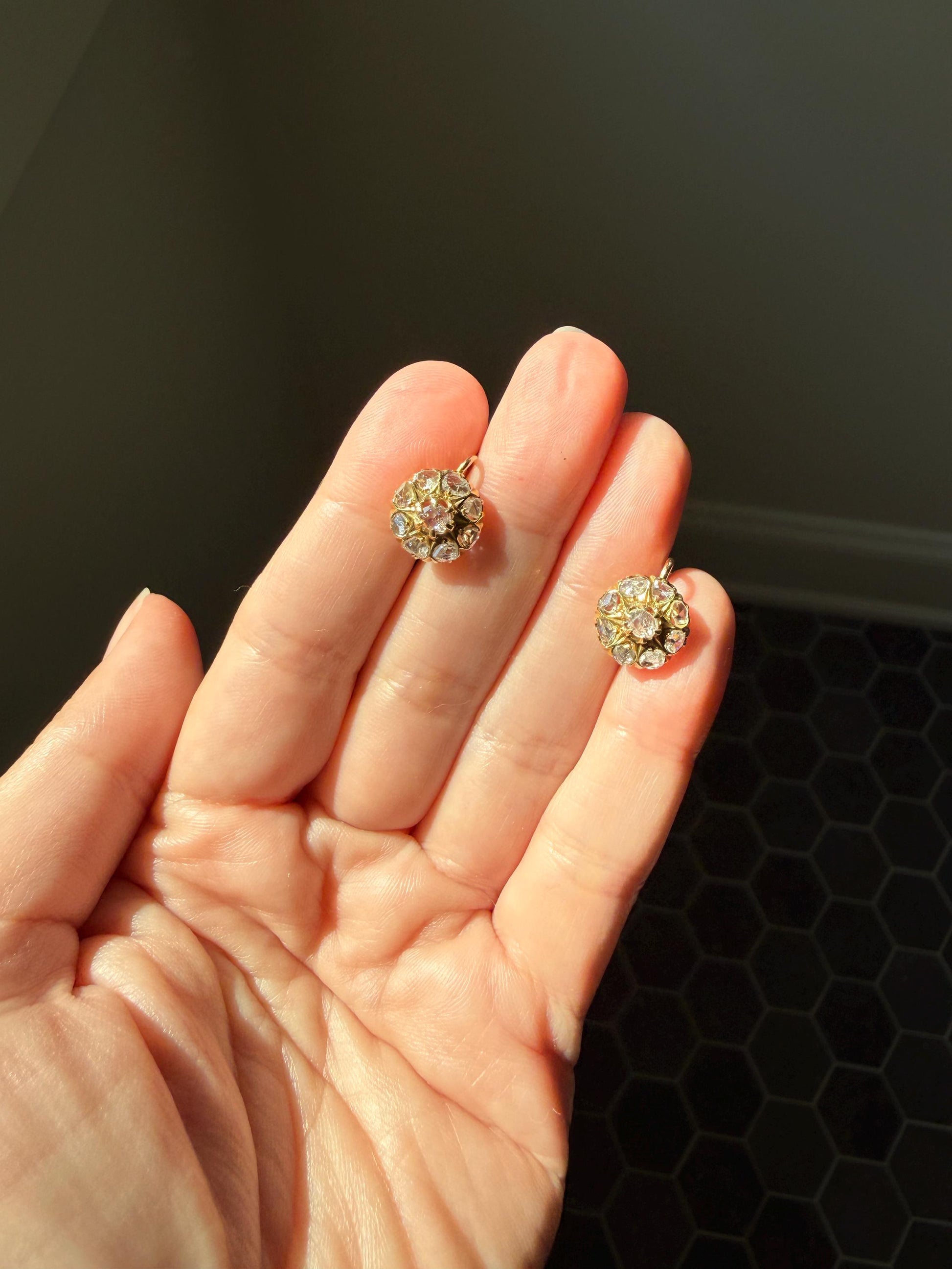 Victorian ANTIQUE Starburst Rose Cut Diamond Daisy Cluster Dormeuse Earrings French 18k Gold Solid Floral Dangle Belle Epoque