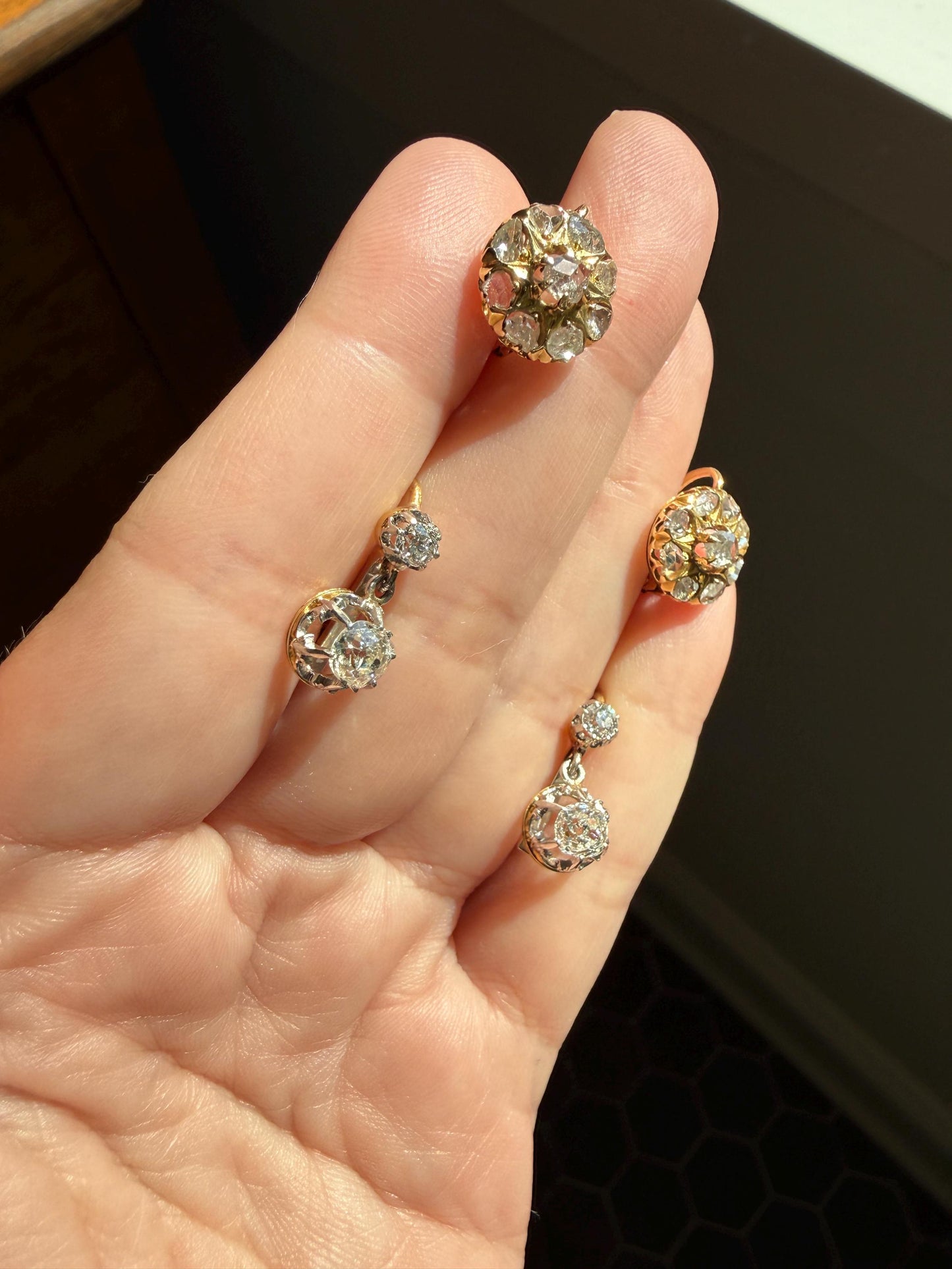 Victorian ANTIQUE Starburst Rose Cut Diamond Daisy Cluster Dormeuse Earrings French 18k Gold Solid Floral Dangle Belle Epoque