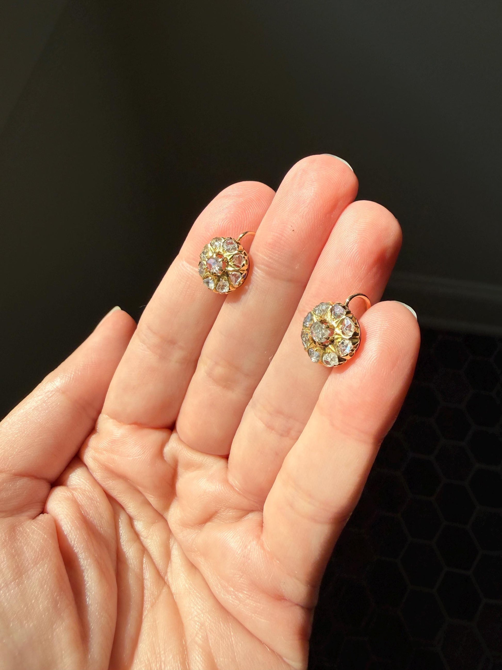 Victorian ANTIQUE Starburst Rose Cut Diamond Daisy Cluster Dormeuse Earrings French 18k Gold Solid Floral Dangle Belle Epoque