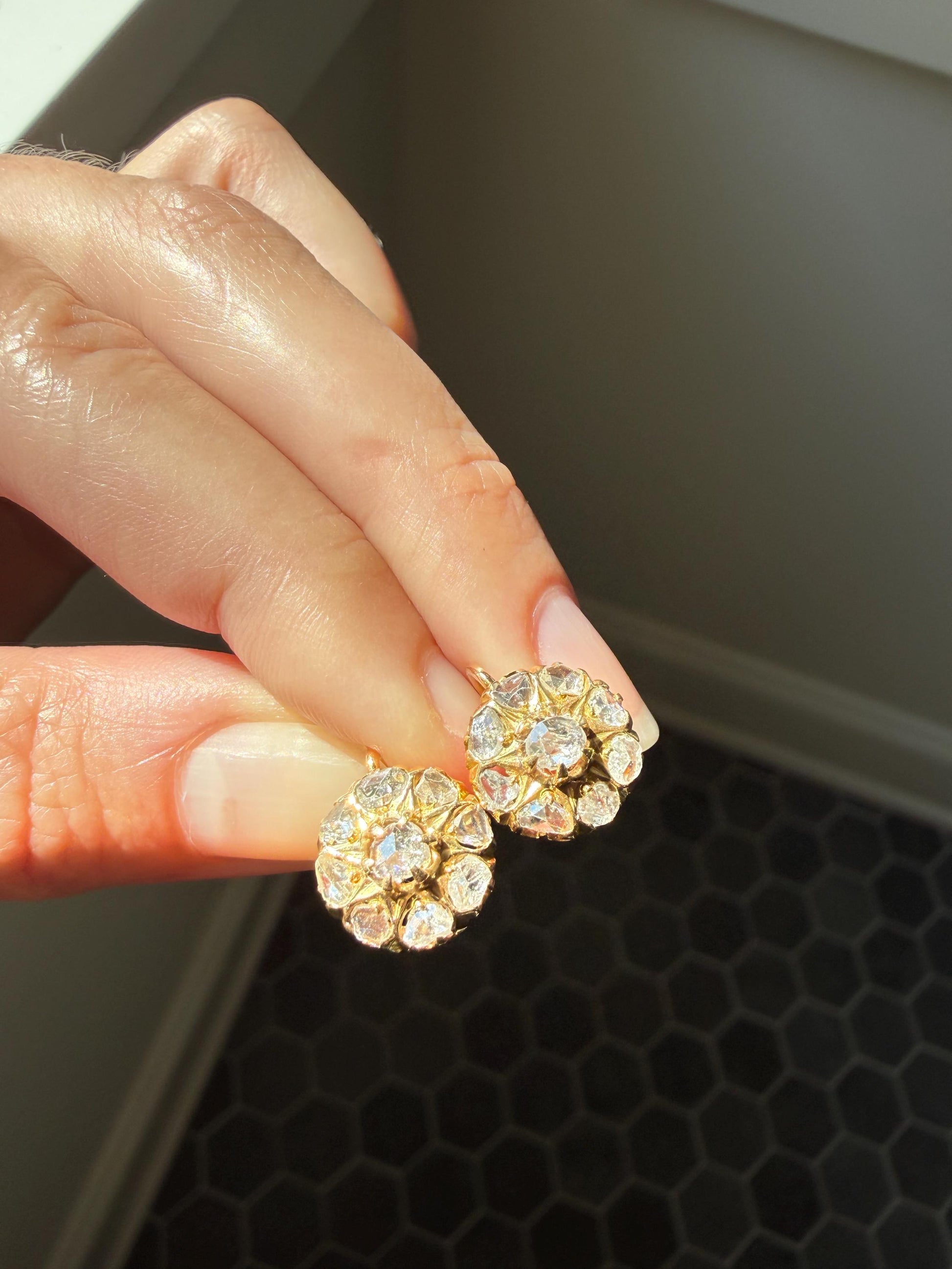 Victorian ANTIQUE Starburst Rose Cut Diamond Daisy Cluster Dormeuse Earrings French 18k Gold Solid Floral Dangle Belle Epoque
