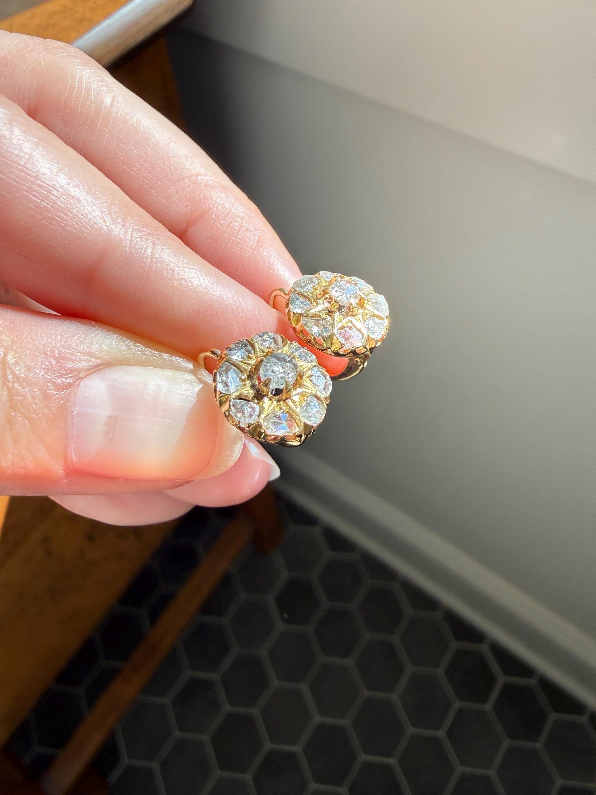 Victorian ANTIQUE Starburst Rose Cut Diamond Daisy Cluster Dormeuse Earrings French 18k Gold Solid Floral Dangle Belle Epoque