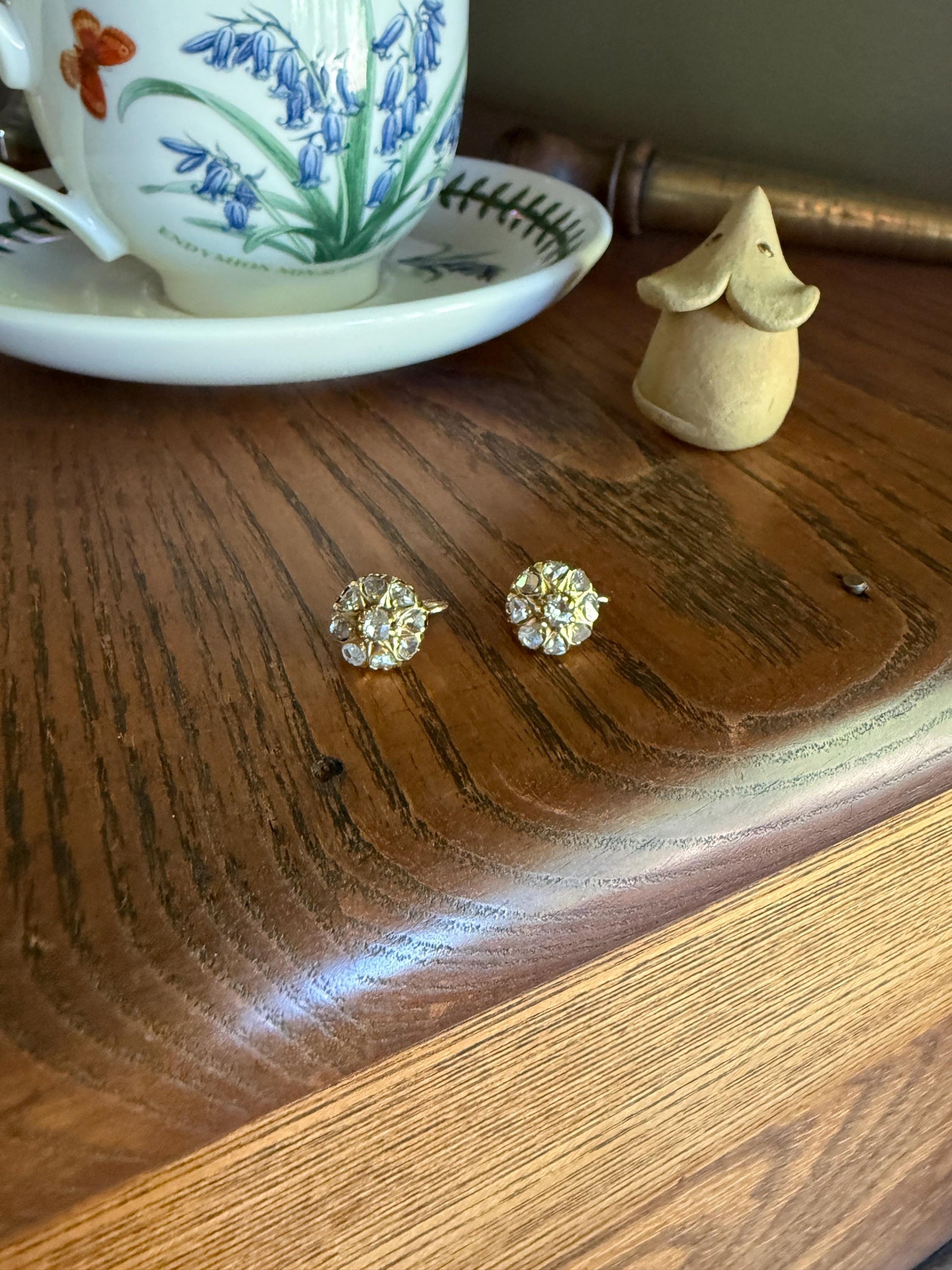 Victorian ANTIQUE Starburst Rose Cut Diamond Daisy Cluster Dormeuse Earrings French 18k Gold Solid Floral Dangle Belle Epoque