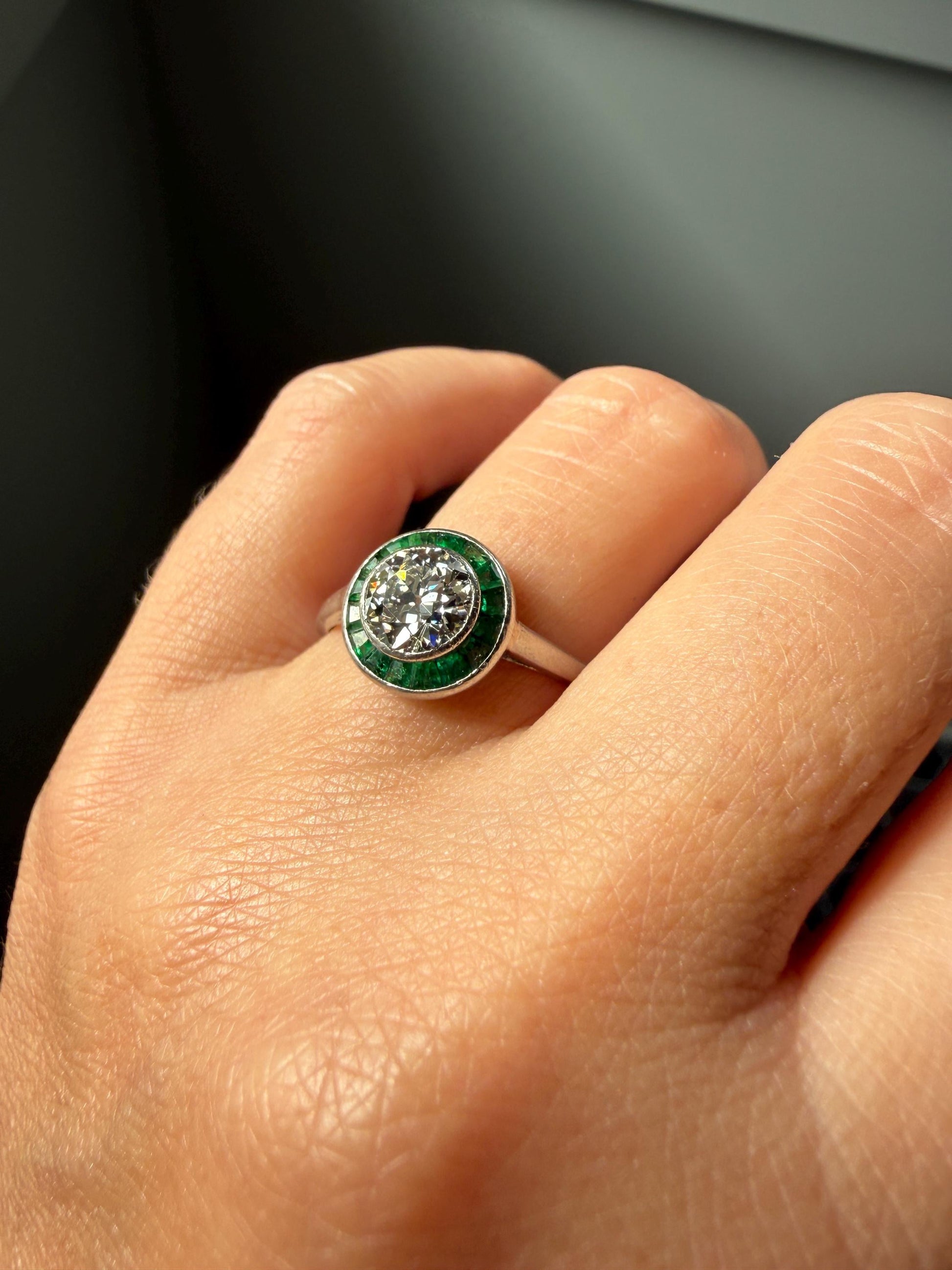 Antique 1.1 Carat Old European Cut DIAMOND Emerald Halo PLATINUM French Antique Green Target Bullseye Ring Stacker