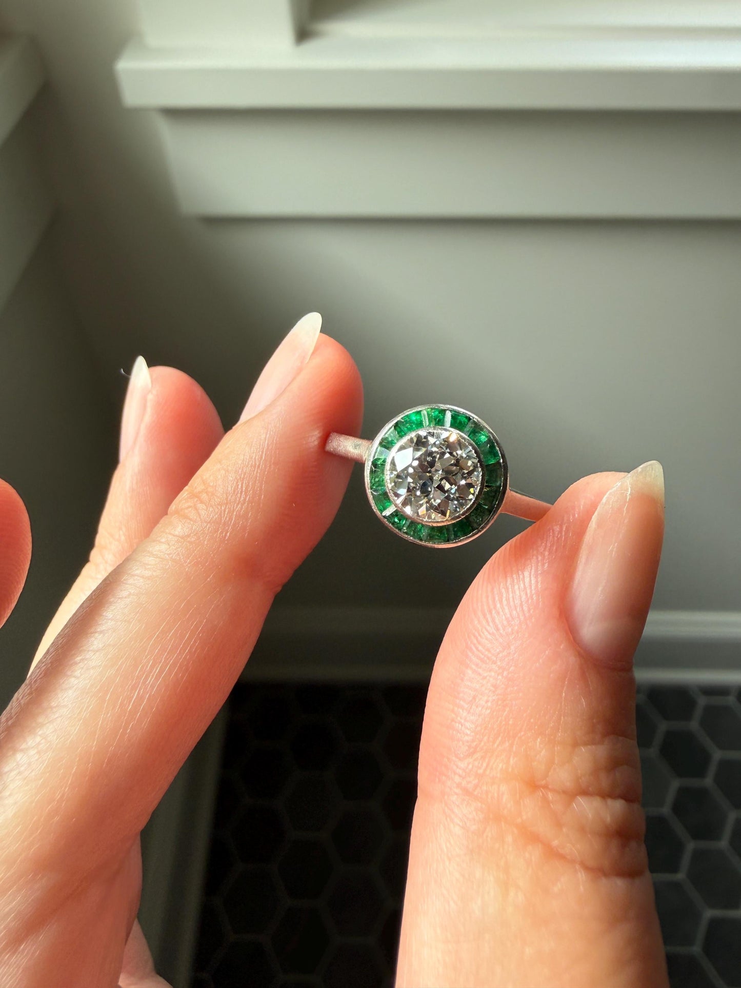 Antique 1.1 Carat Old European Cut DIAMOND Emerald Halo PLATINUM French Antique Green Target Bullseye Ring Stacker
