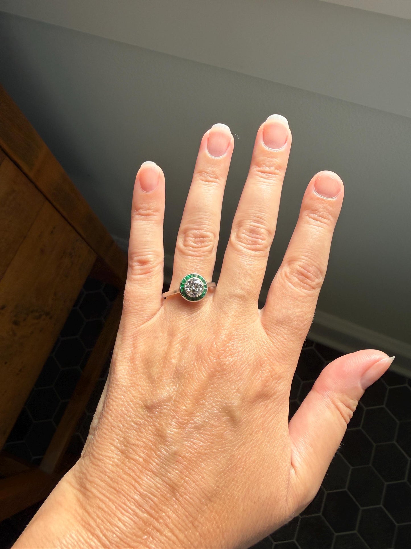 Antique 1.1 Carat Old European Cut DIAMOND Emerald Halo PLATINUM French Antique Green Target Bullseye Ring Stacker