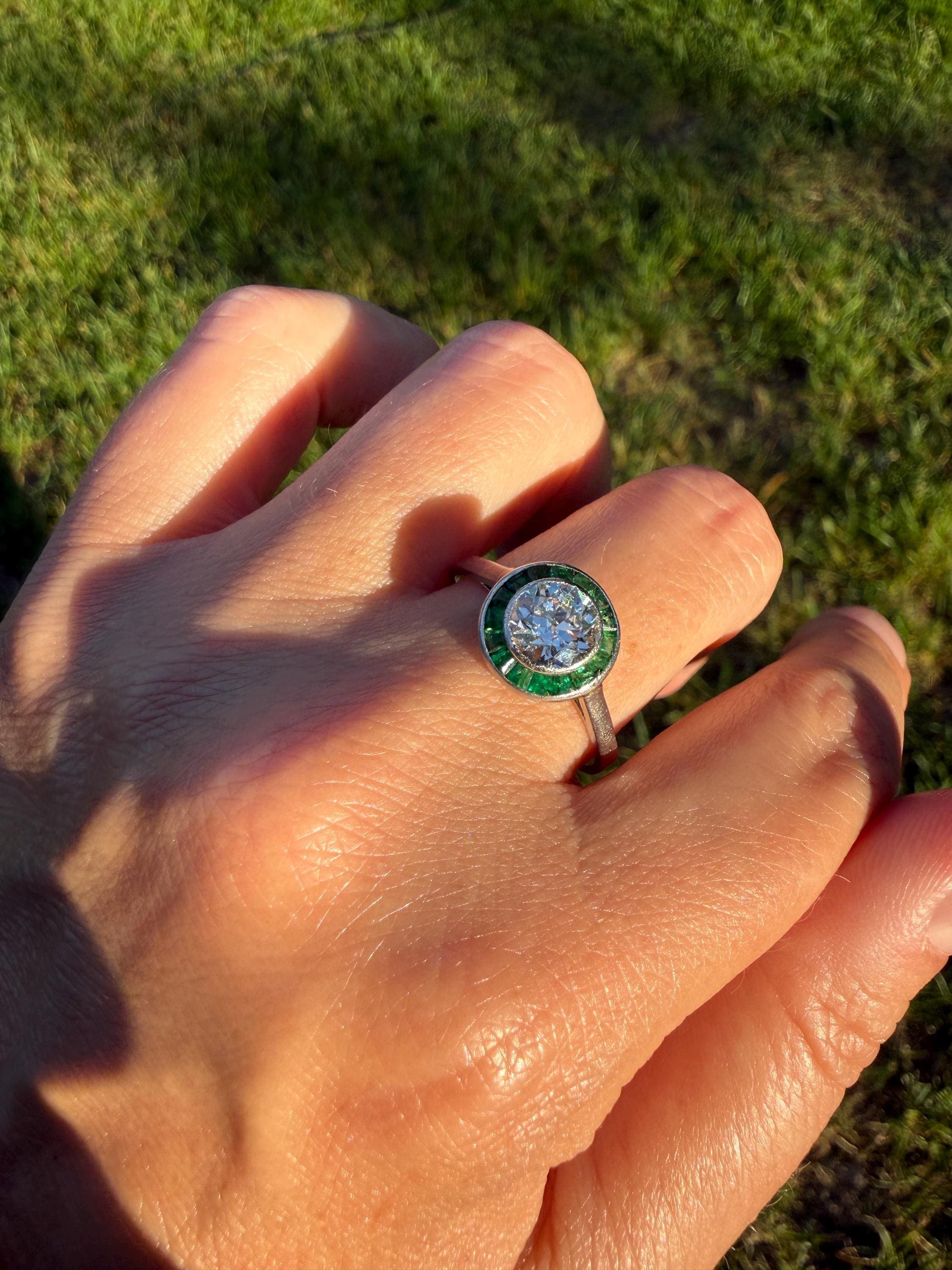 Antique 1.1 Carat Old European Cut DIAMOND Emerald Halo PLATINUM French Antique Green Target Bullseye Ring Stacker